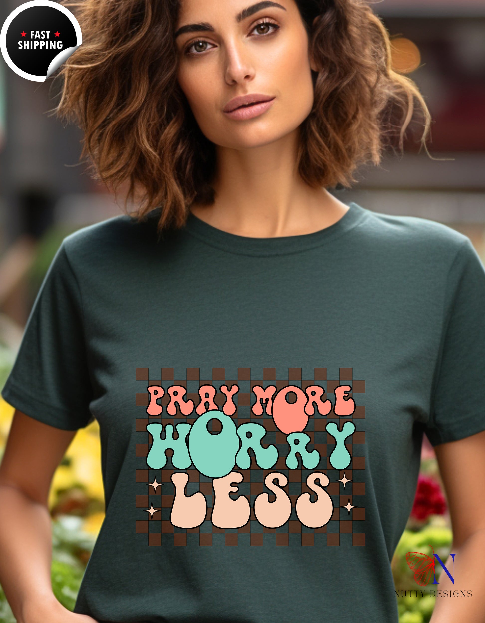 Pray More, Worry Less, Encouraging , Happy T-Shirt Lifestyle Mockup | Nutty Designs
