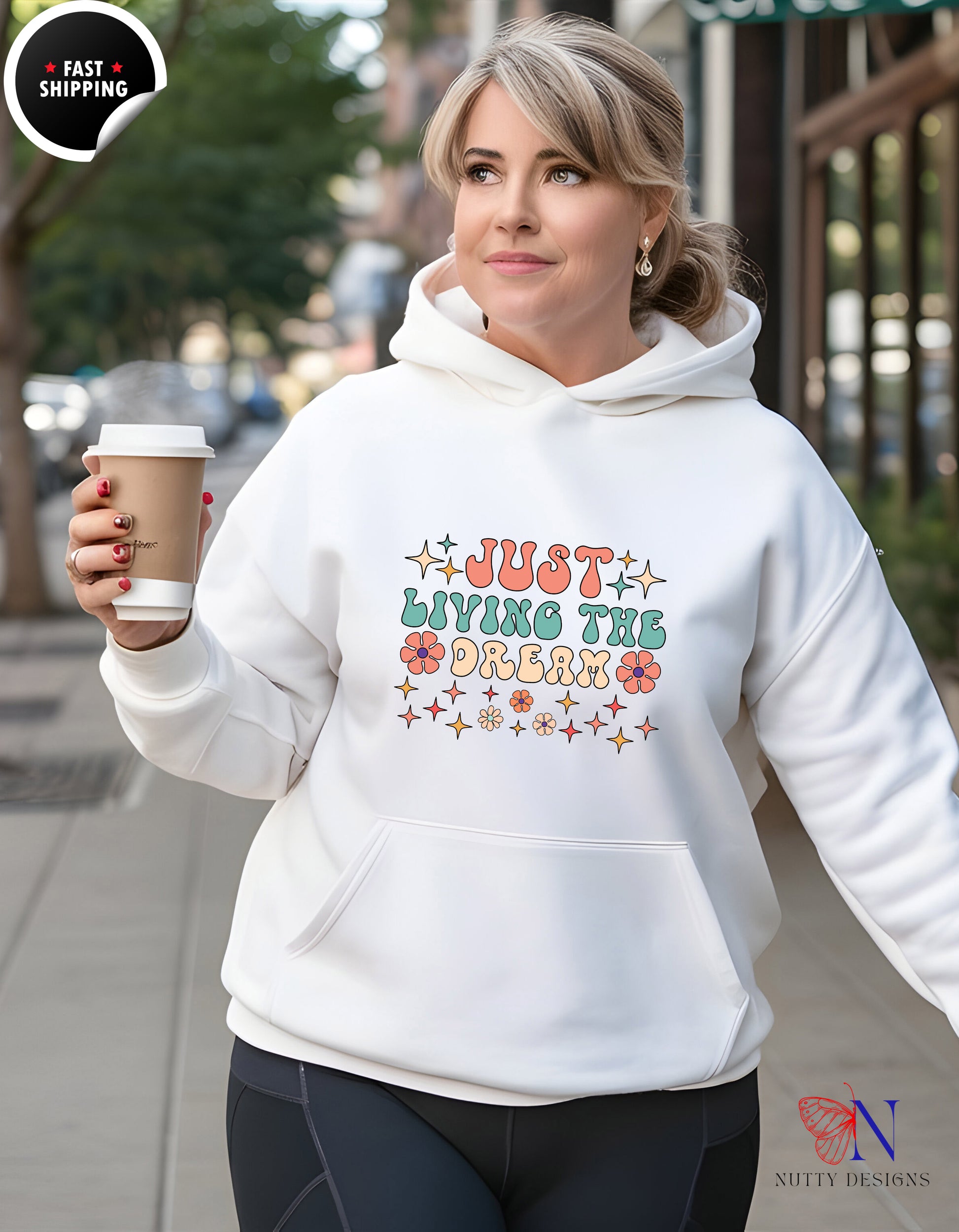 Just Living the Dream — Retro Floral Boho Hoodie Lifestyle Mockup | Nutty Designs