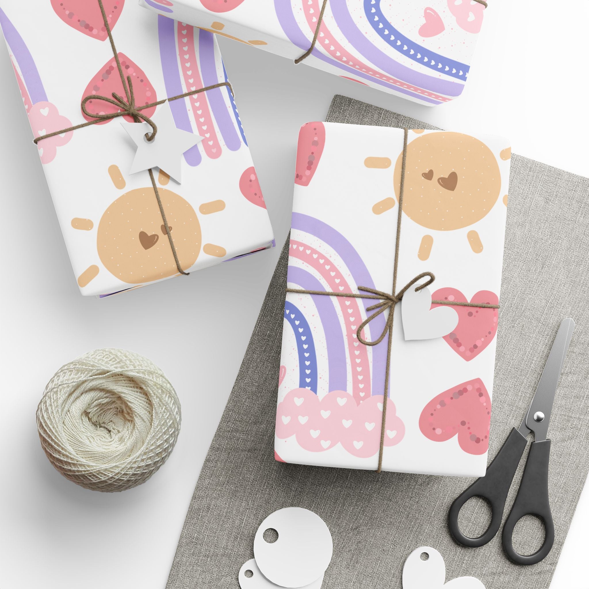 Valentines Boho Rainbow Hearts Pattern, Abstract Sun and Waves Wrapping Paper