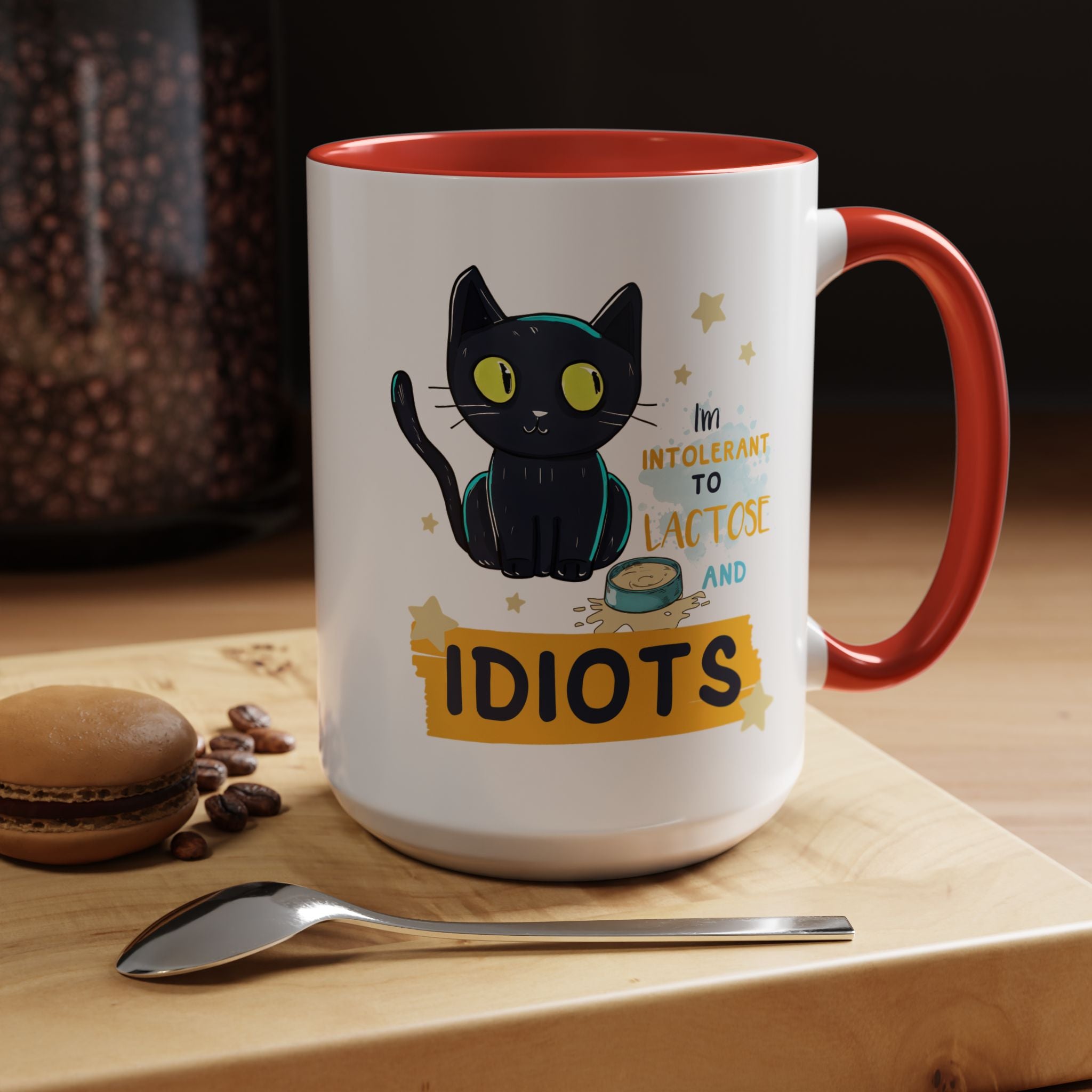 Funny Coffee Mug, Personalized Mug, Cute Cat Intolerant To Lactose and Idiots Accent Cup (11, 15oz), Gift Under 20, White Elephant gift