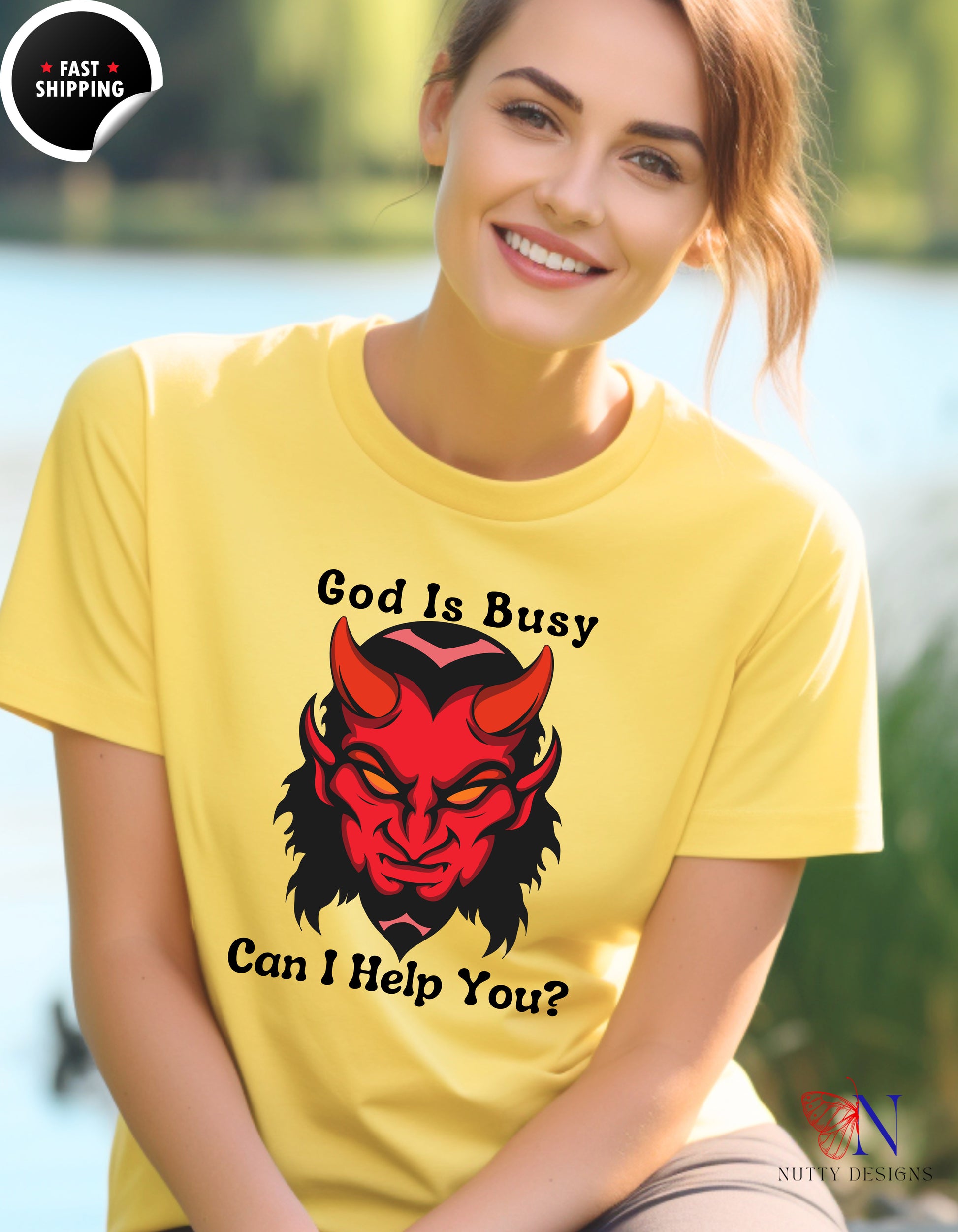 God Is Busy Dark , atheist religious T-Shirt Lifestyle Mockup | Nutty Designs