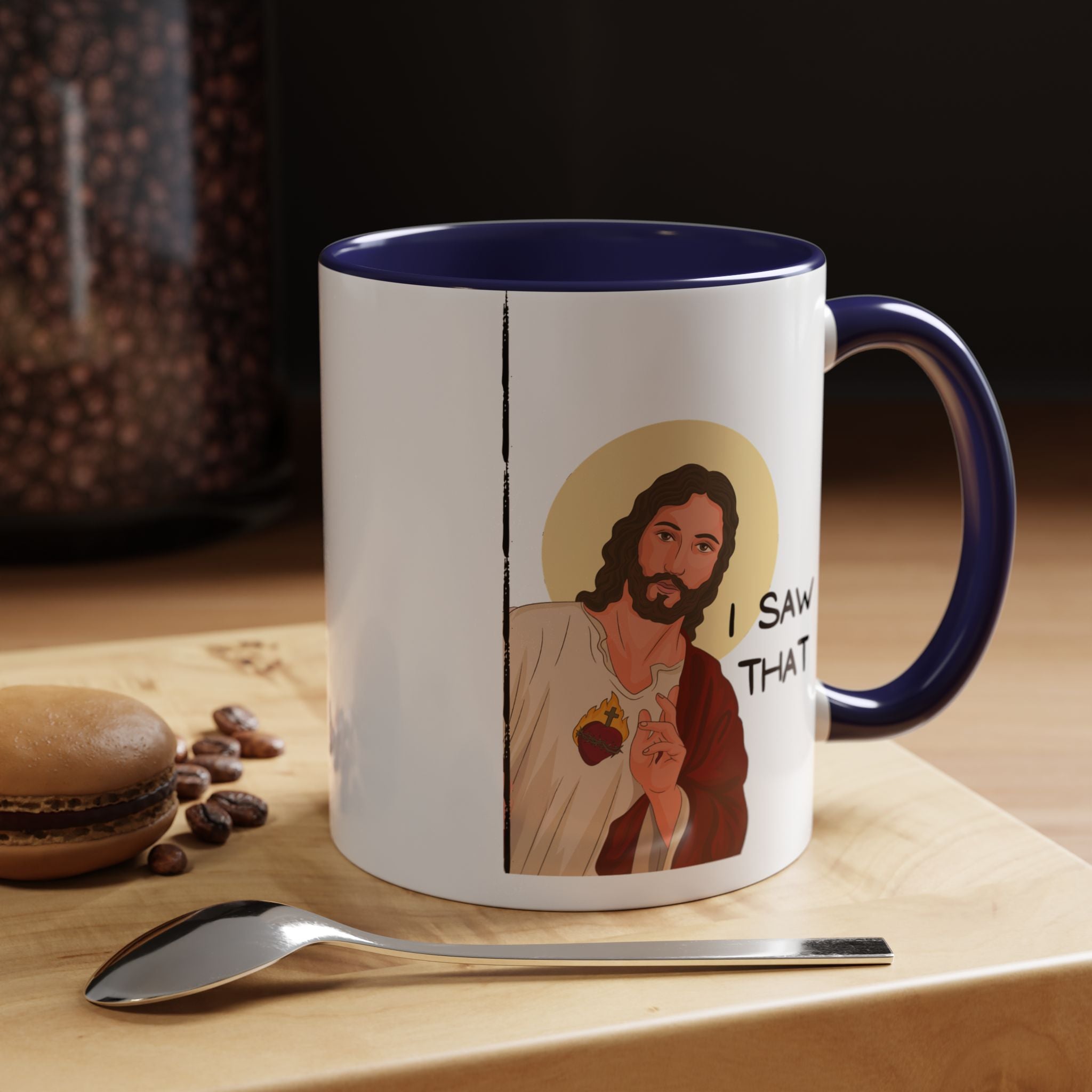Peeking Jesus, I saw That Funny Coffee Mug, Personalized Mug, Accent Cup (11, 15oz), Gift Under 20, Gift for Atheist, faith based cup