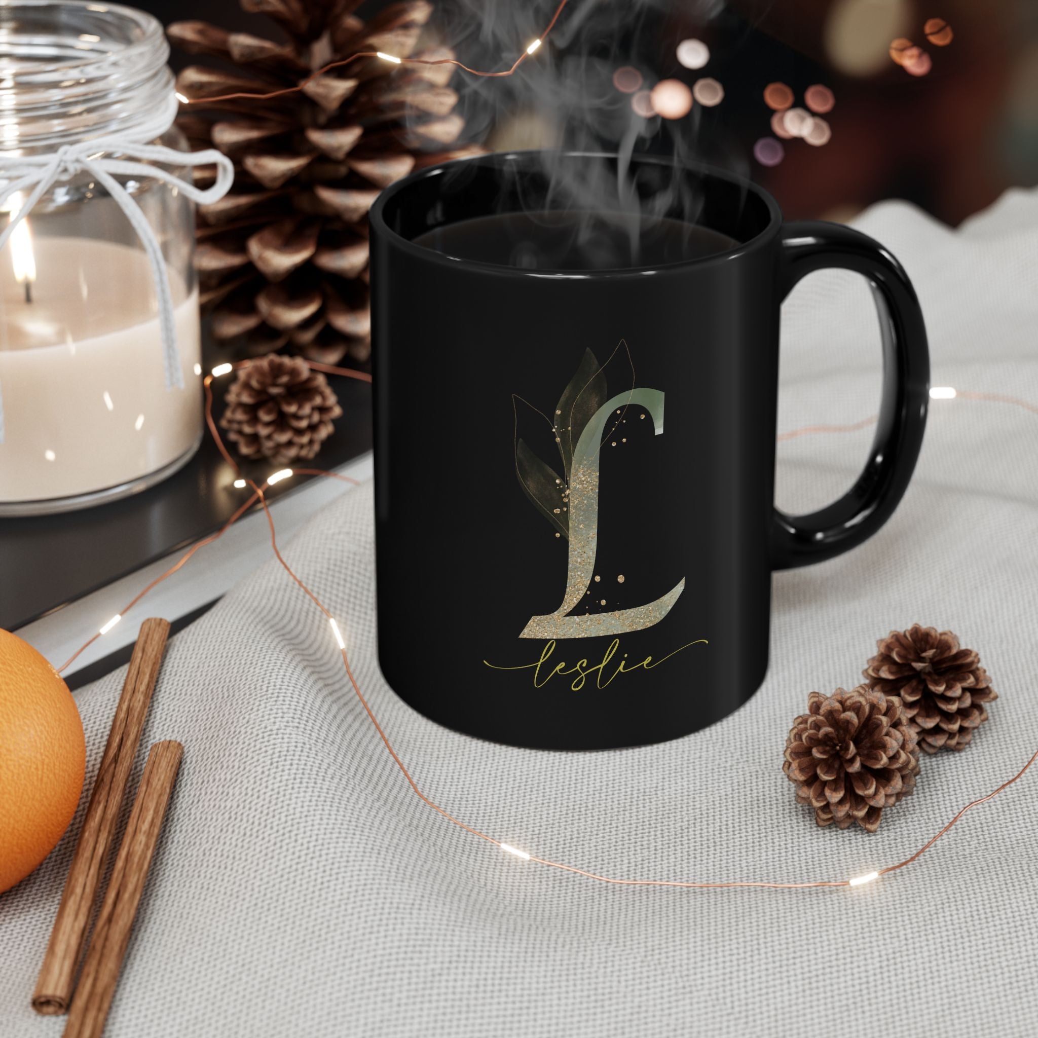 Personalized Black Mug with Floral Initial Design, Perfect Gift for Coffee Lovers, Great for Birthdays and Anniversaries, Home Decor, Unique