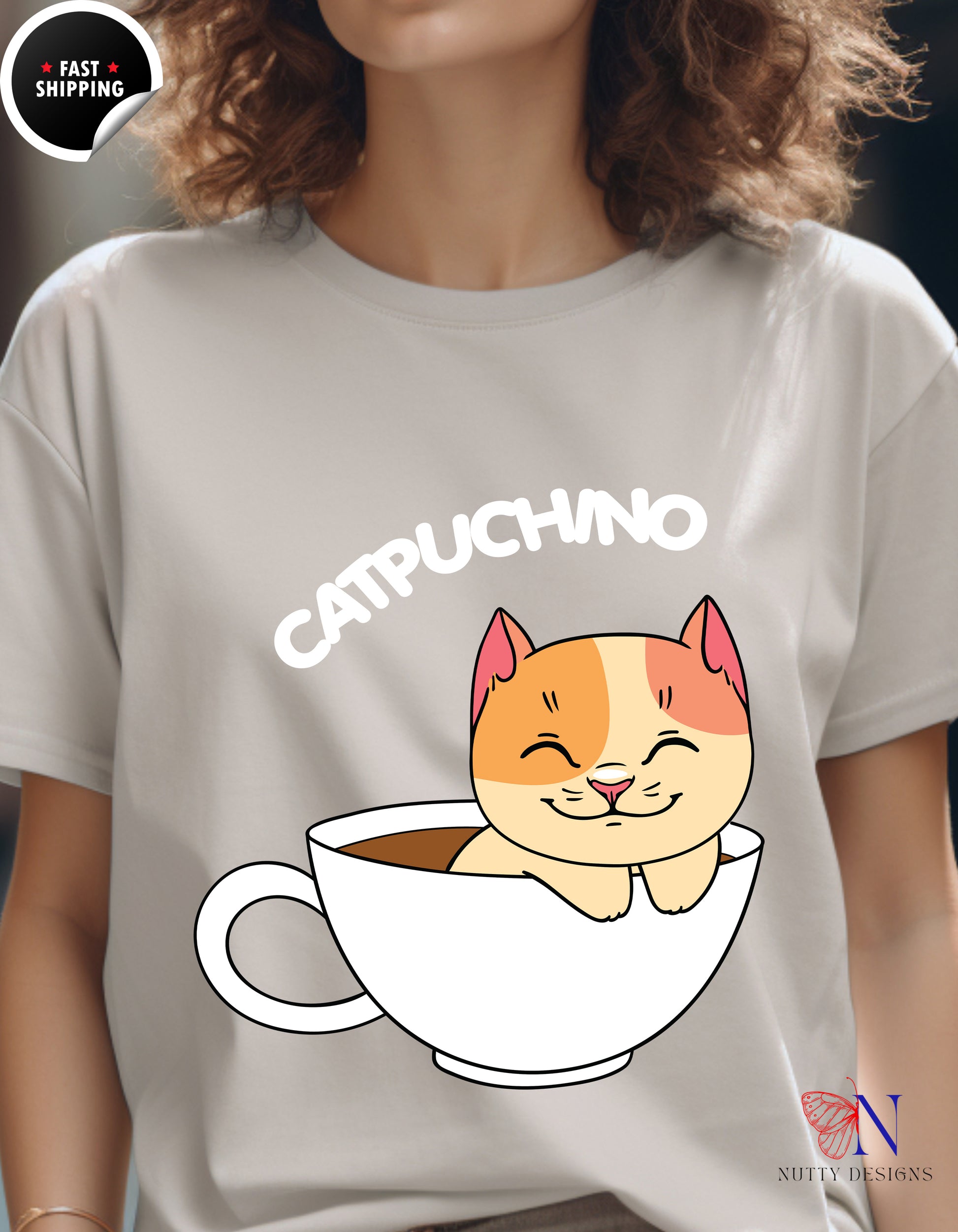 Cat Coffee Lover Shirt, Catpuchino T-Shirt Lifestyle Mockup | Nutty Designs