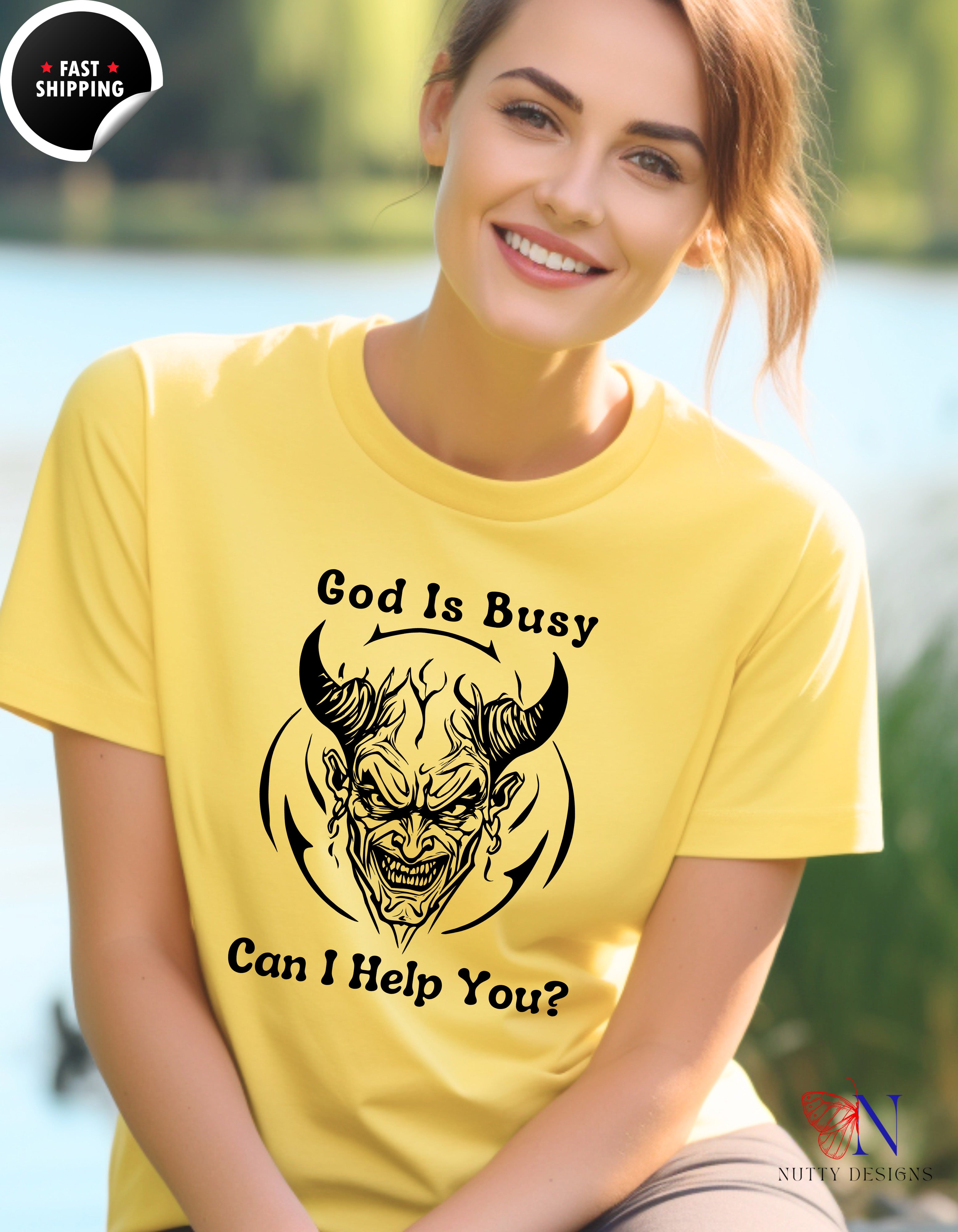 God Is Busy Dark , atheist religious T-Shirt Lifestyle Mockup | Nutty Designs