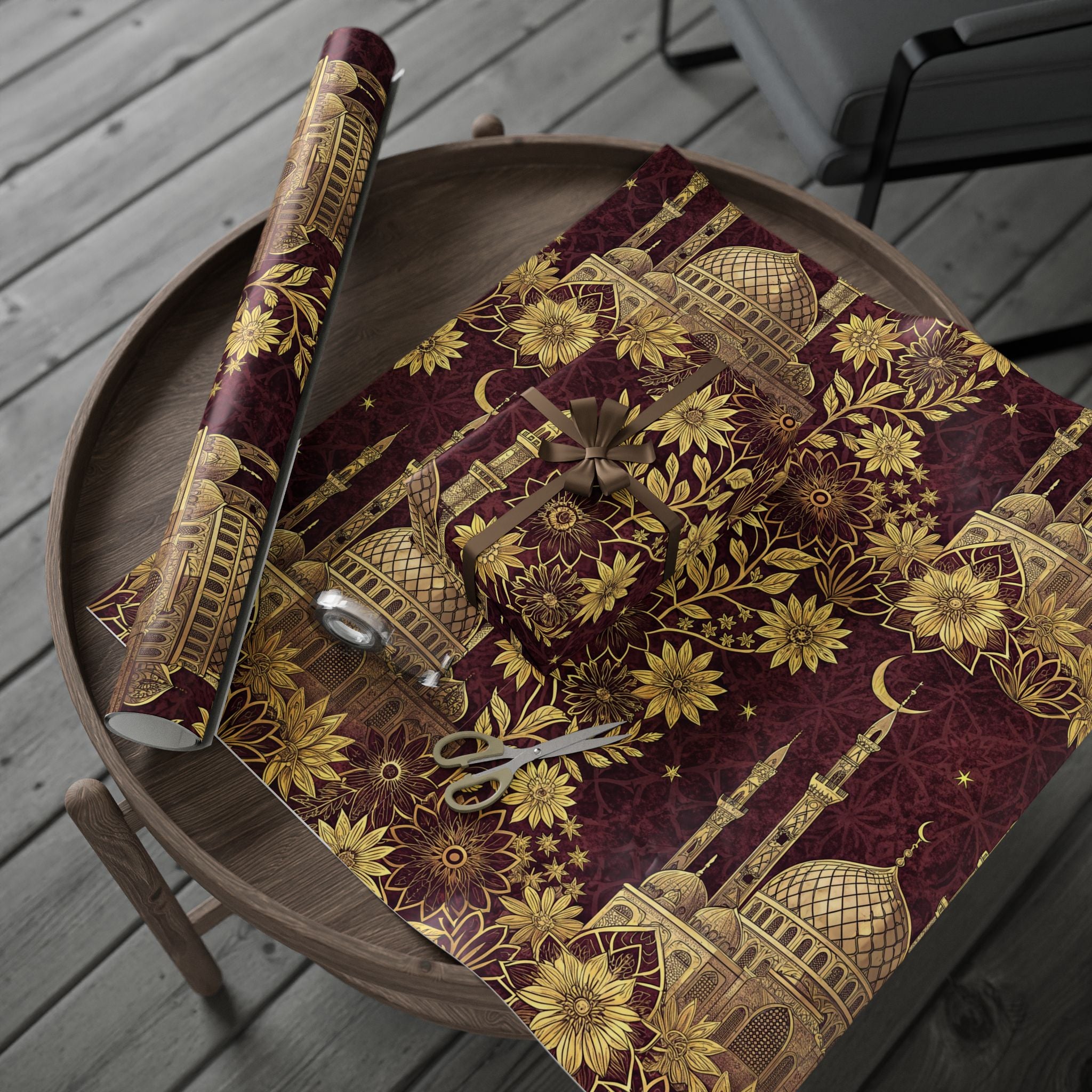 Ramadan Wrap Paper - Islamic Gift Wrap With Golden Mosque, Moon and Stars Design