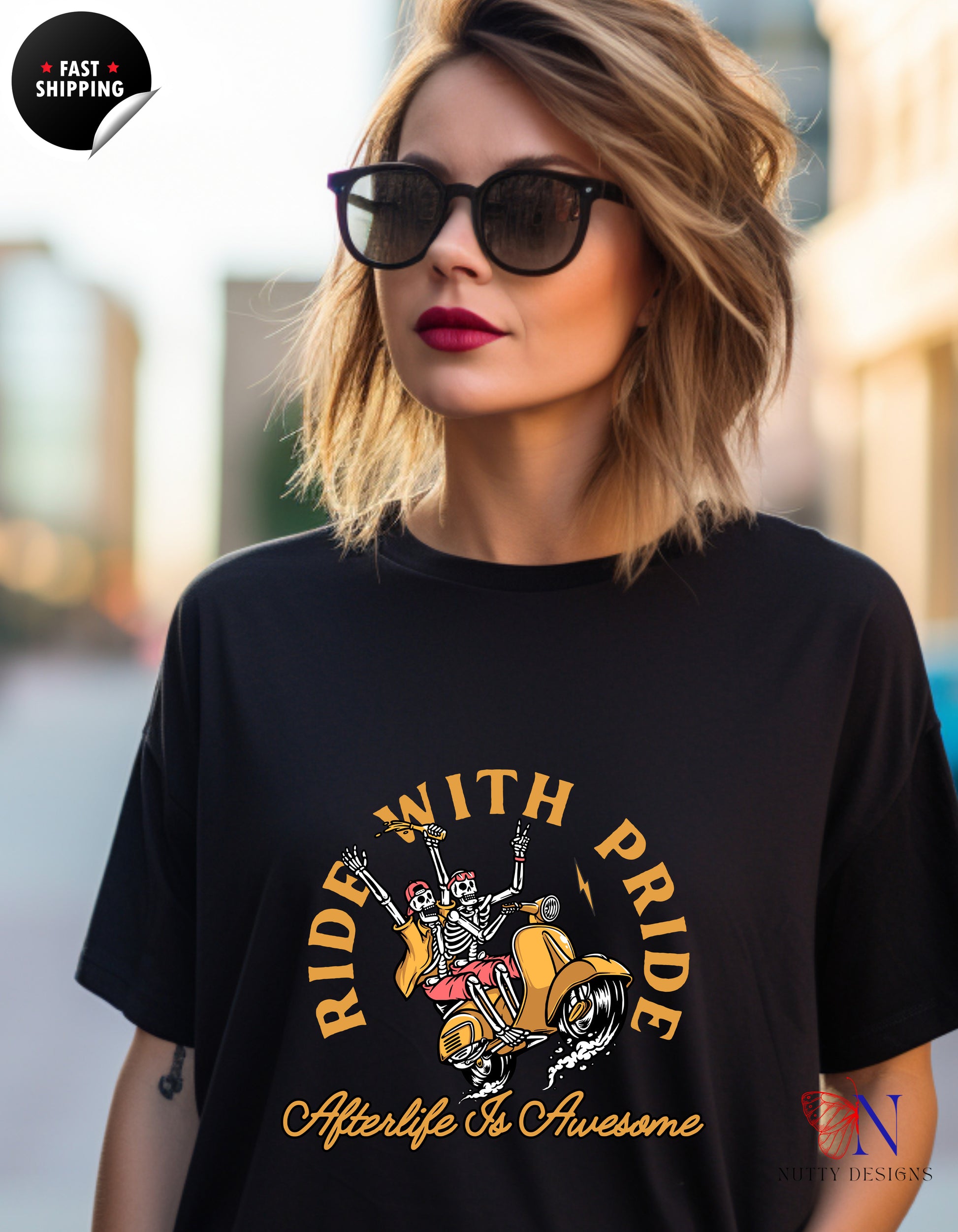 Ride With Pride Happy Skeletons T-Shirt Lifestyle Mockup | Nutty Designs