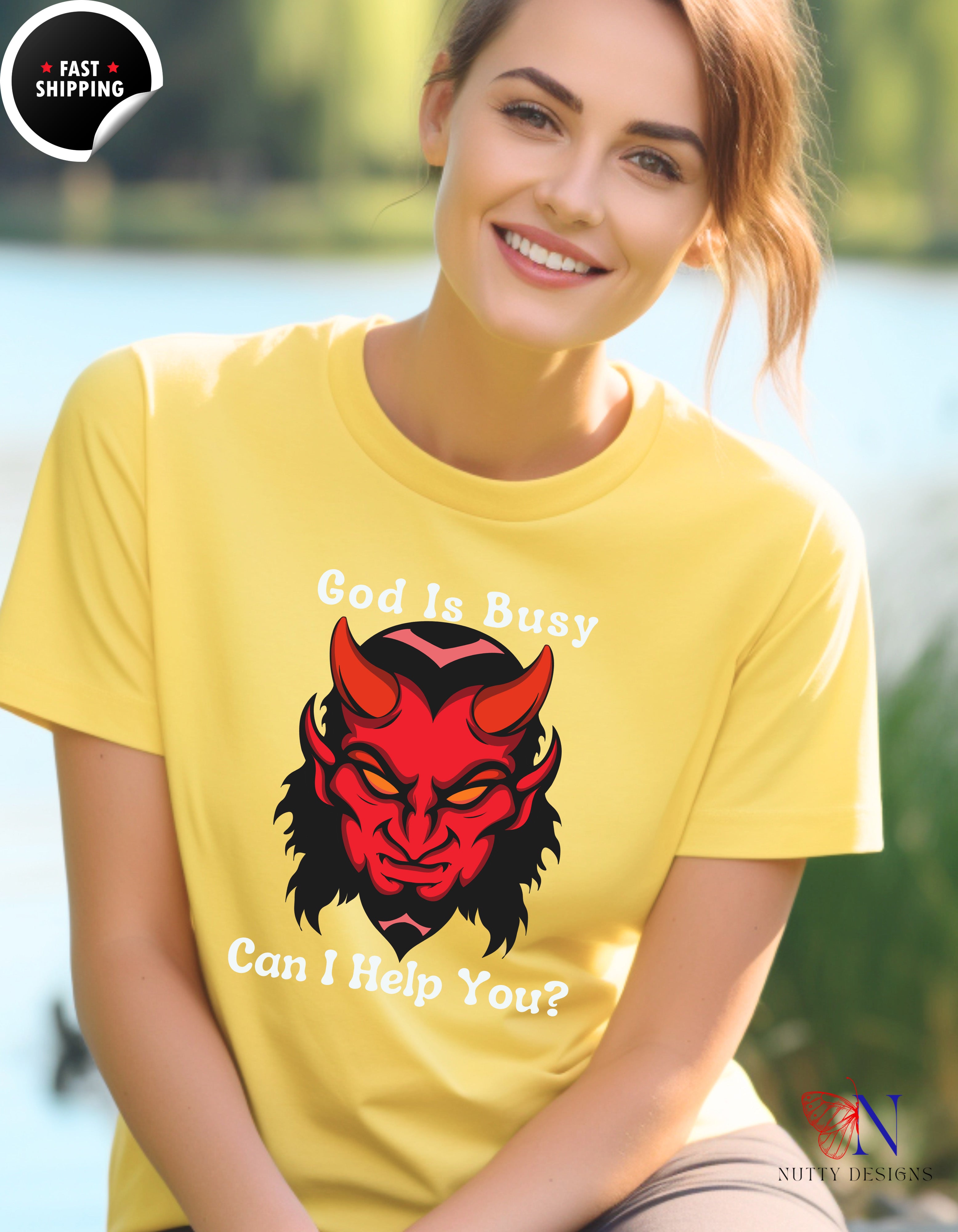 God Is Busy Dark , atheist religious T-Shirt Lifestyle Mockup | Nutty Designs