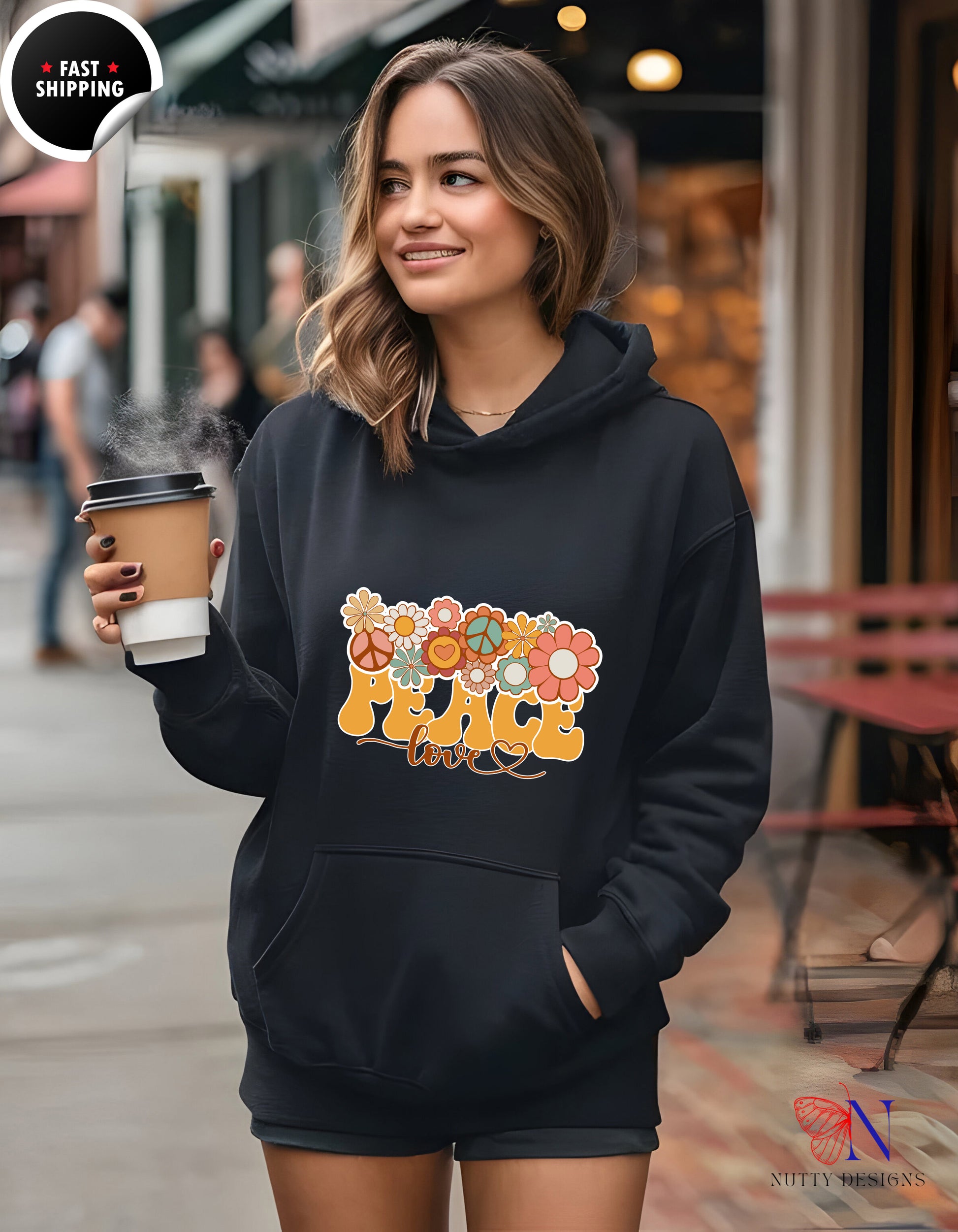 — Retro 'Peace & Love' Floral Graphic Hoodie Lifestyle Mockup | Nutty Designs