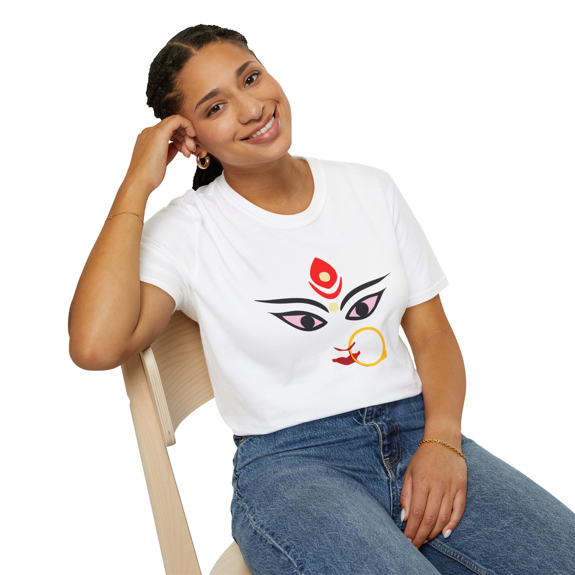 Woman wearing Durga Parvati Bhavani goddess graphic T-shirt, ideal for Diwali and Navratri celebrations, sitting and smiling.