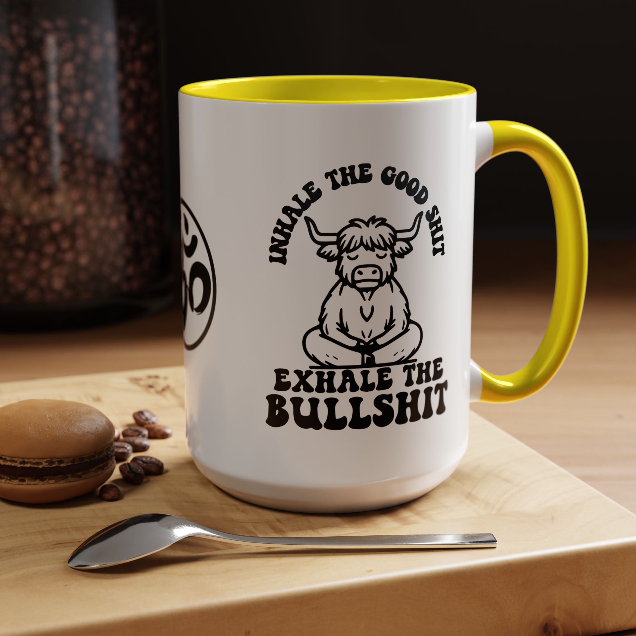 Inhale the Good Shit Exhale The Bullshit Cute Cow Chanting Om Accent Coffee Mug (11, 15oz)