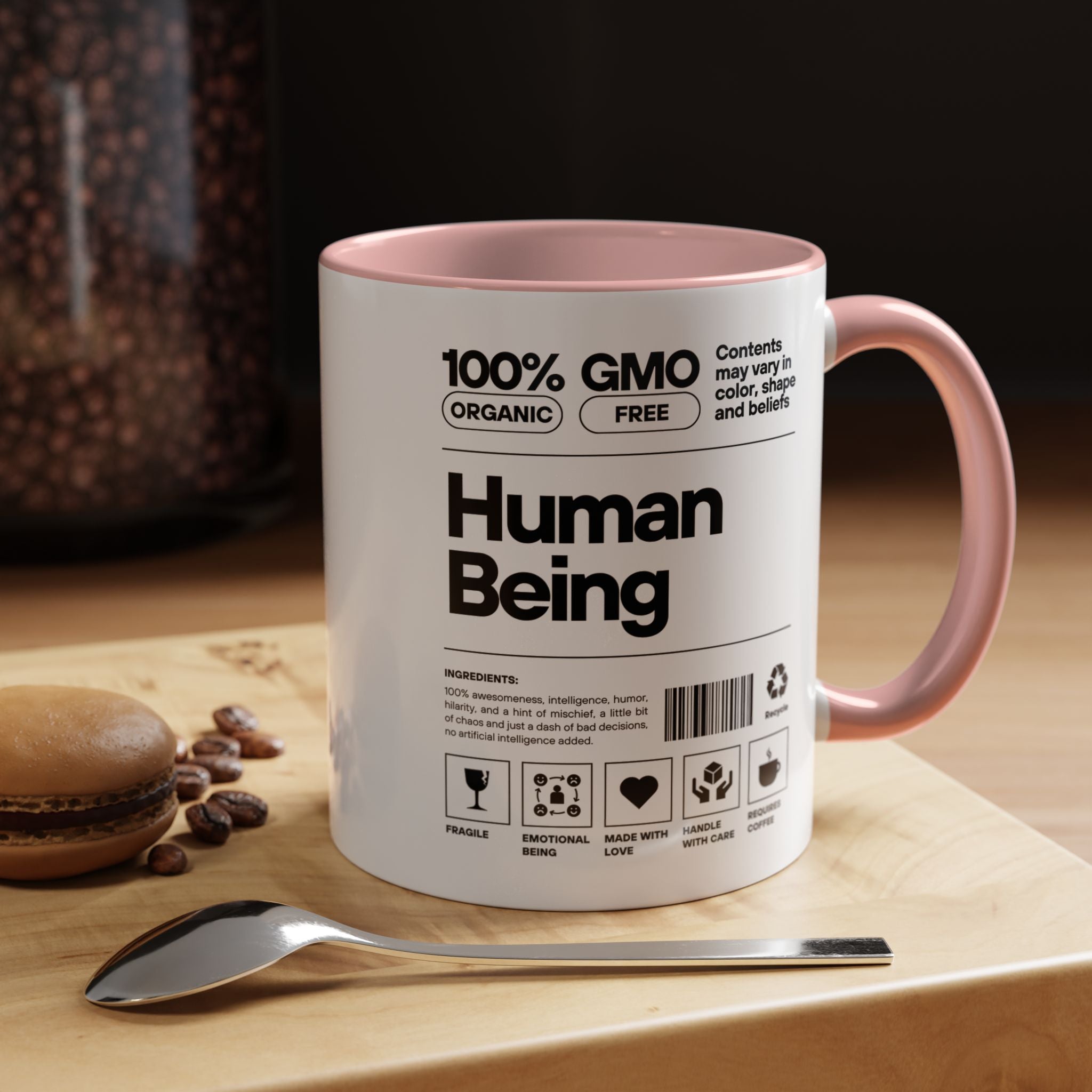 Funny Coffee Mug, Personalized Mug, Human Being Nutrition Facts Accent Cup (11, 15oz), Gift Under 20, White Elephant gift