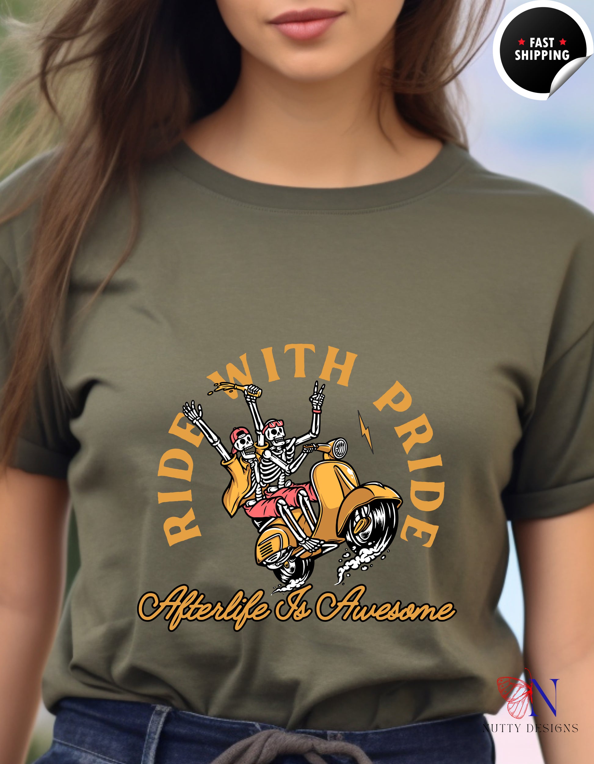 Ride With Pride Happy Skeletons T-Shirt Lifestyle Mockup | Nutty Designs