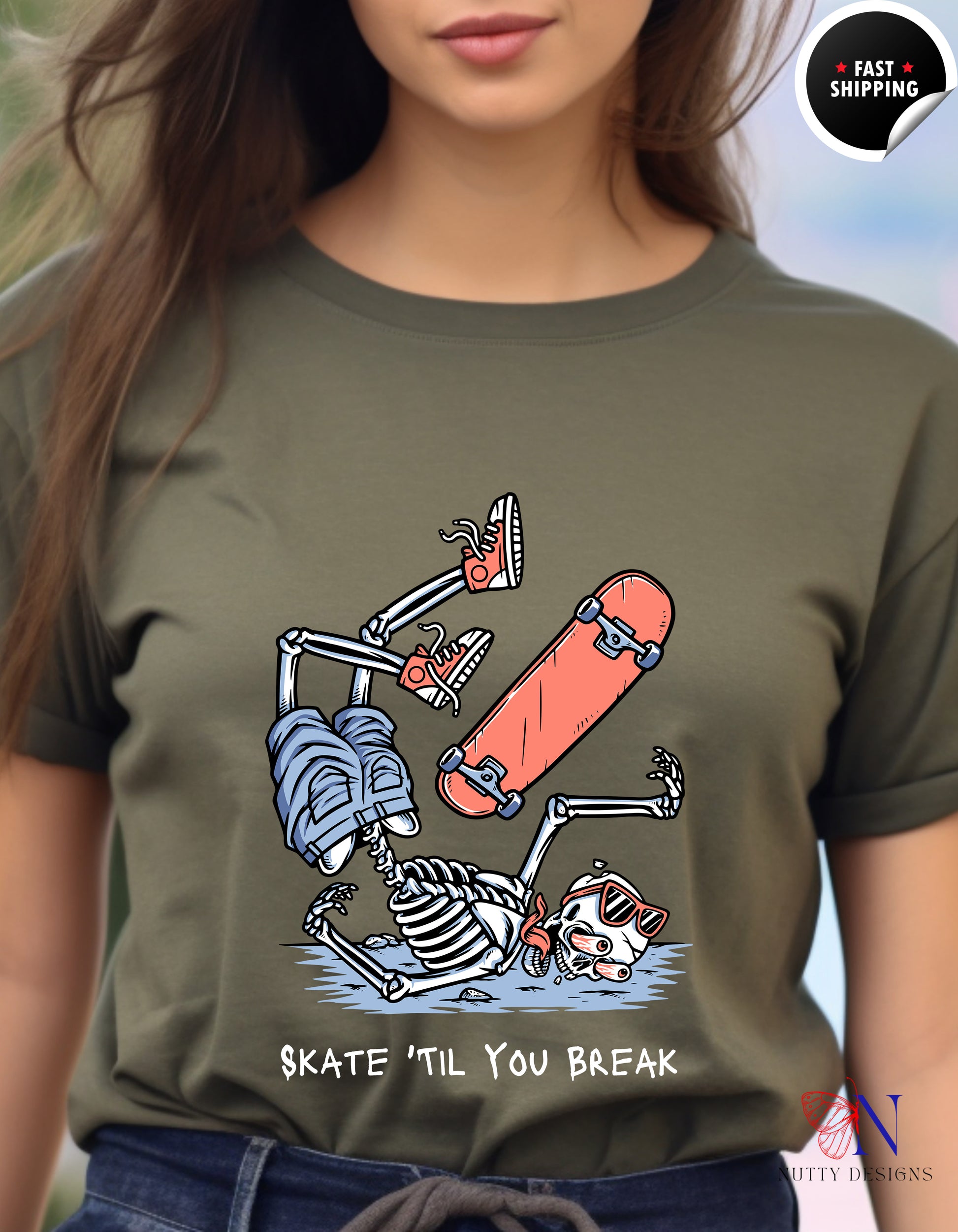 Skate Till You Break — Skateboard Shirt for Skaters T-Shirt Lifestyle Mockup | Nutty Designs