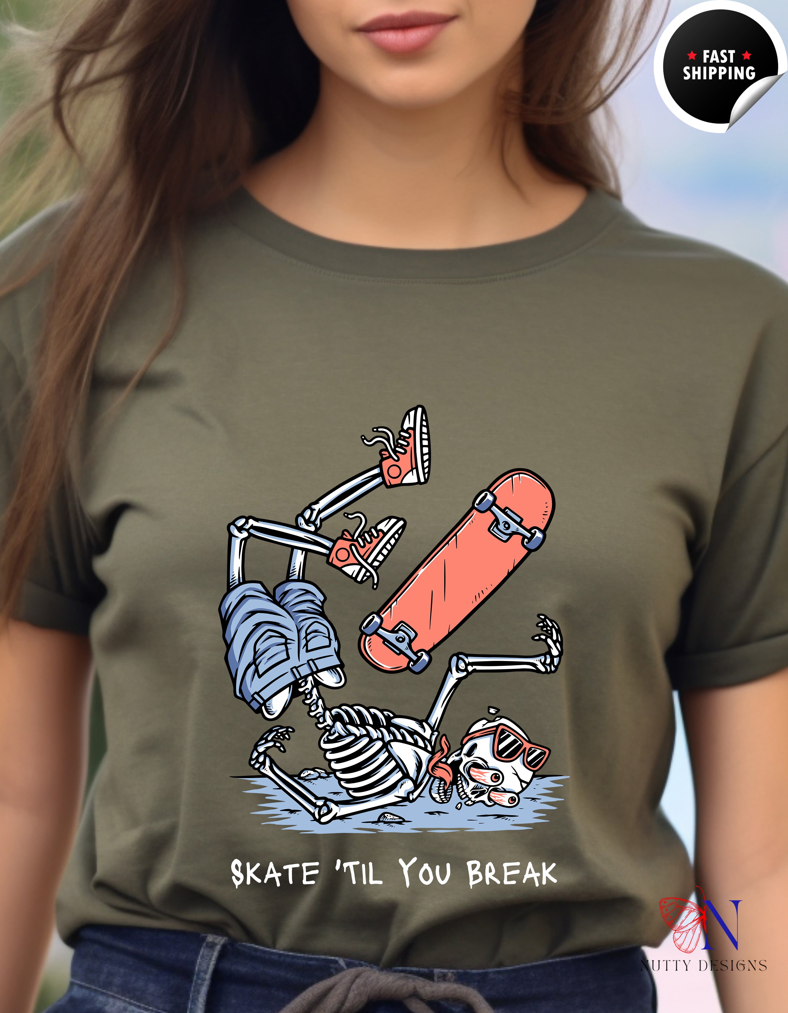 Skate Till You Break — Skateboard Shirt for Skaters T-Shirt Lifestyle Mockup | Nutty Designs