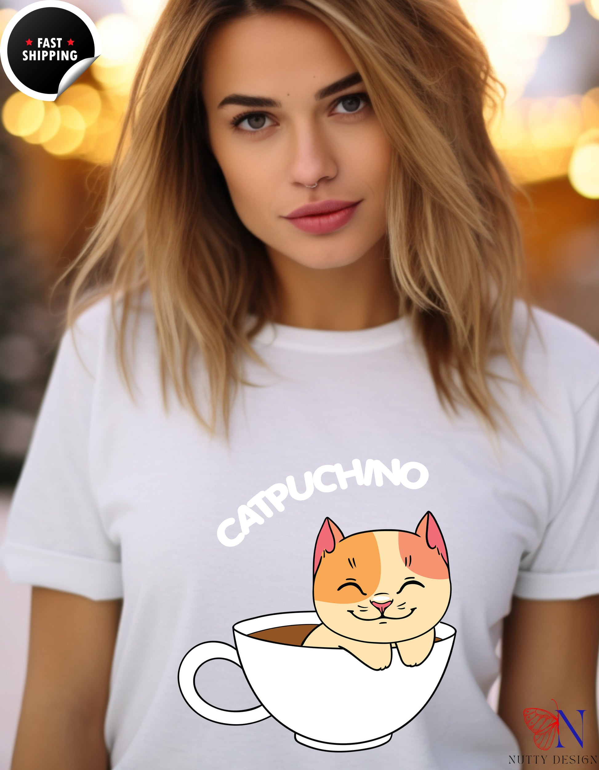 Cat Coffee Lover Shirt, Catpuchino T-Shirt Lifestyle Mockup | Nutty Designs