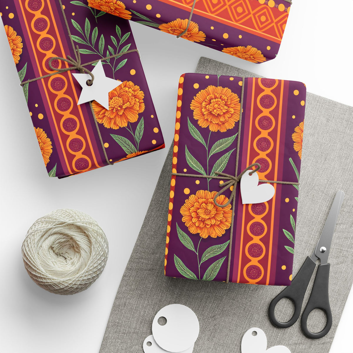 Diwali Wrapping Paper Roll - Marigold Festive Stripe Indian Gift Wrap