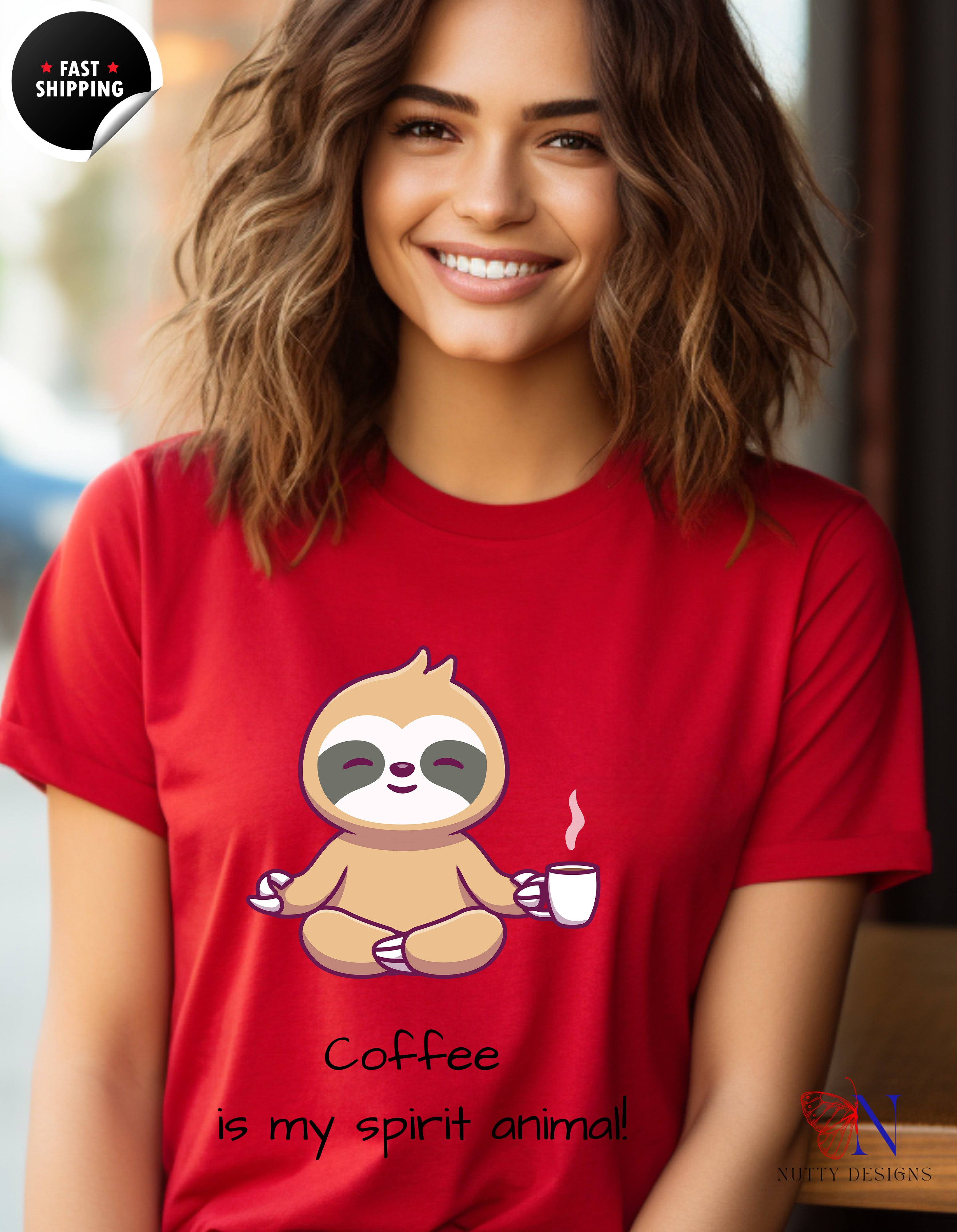 Coffee Is My Spirit Animal – Cute Sloth Coffee Lover T-Shirt Lifestyle Mockup | Nutty Designs