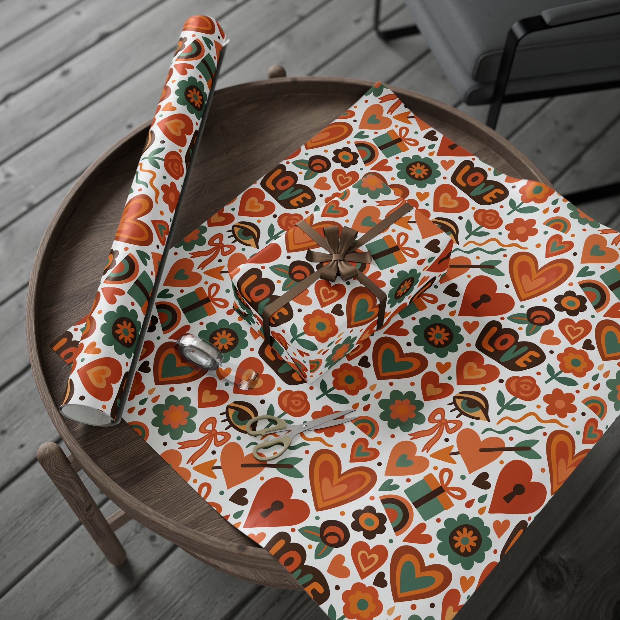 Retro Valentines Pattern Wrapping Paper | Orange Green Heart Motif