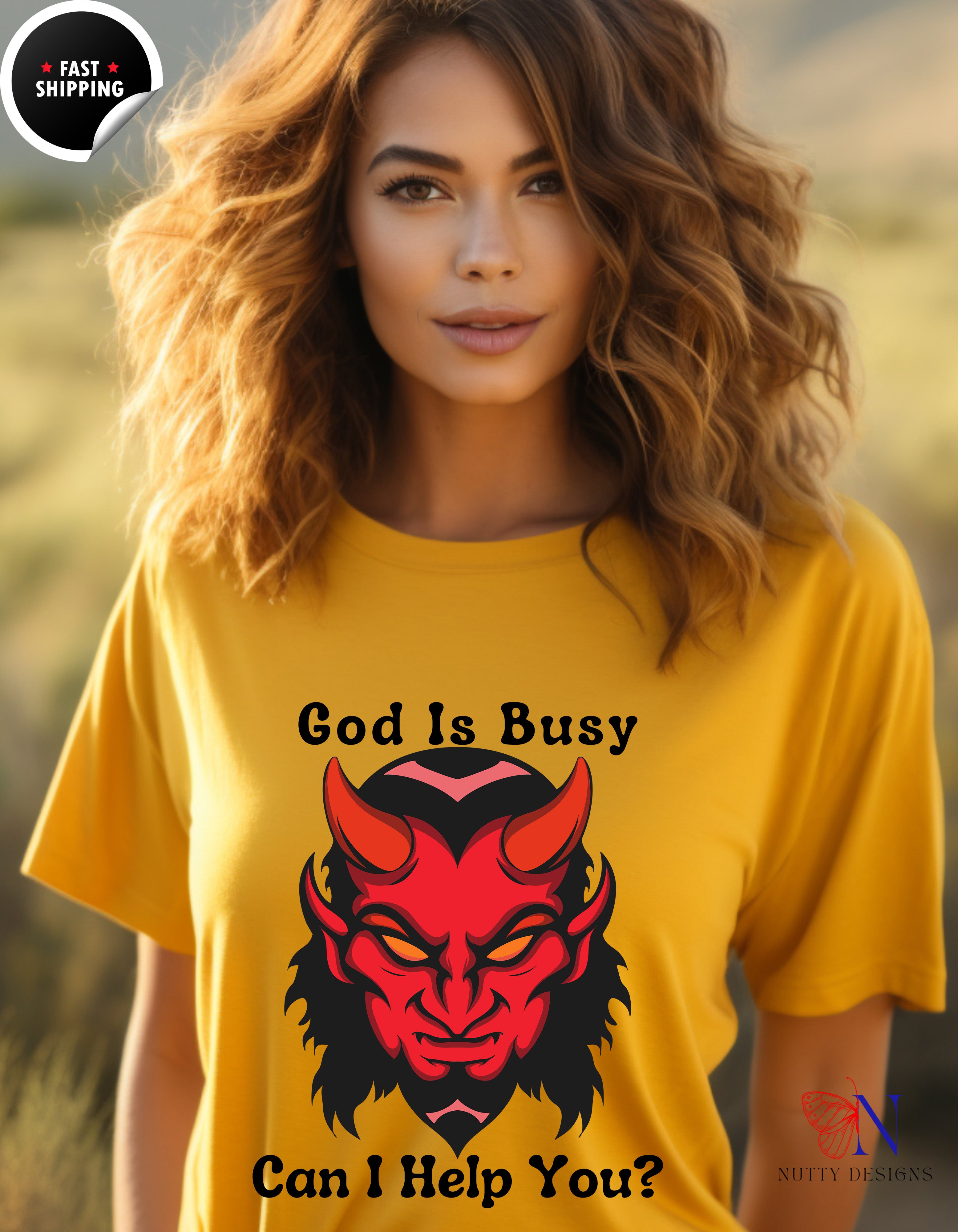 God Is Busy Dark , atheist religious T-Shirt Lifestyle Mockup | Nutty Designs