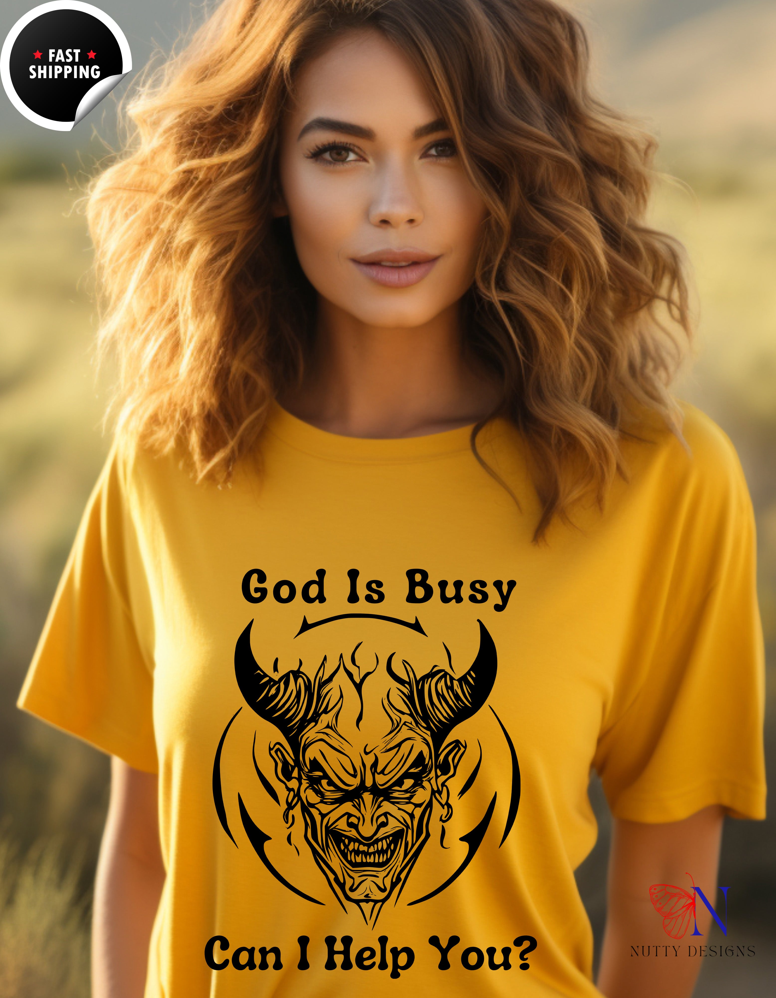 God Is Busy Dark , atheist religious T-Shirt Lifestyle Mockup | Nutty Designs