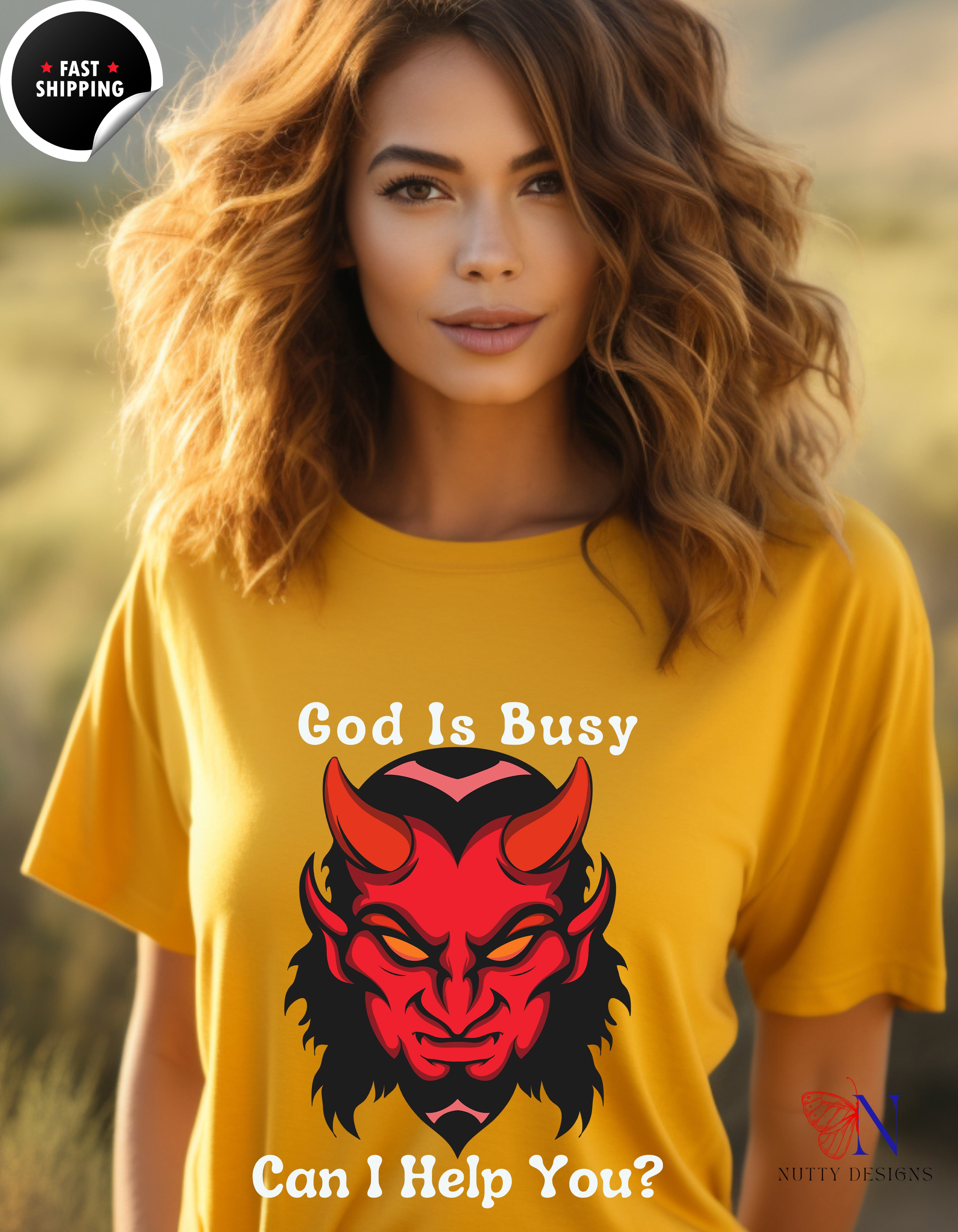 God Is Busy Dark , atheist religious T-Shirt Lifestyle Mockup | Nutty Designs