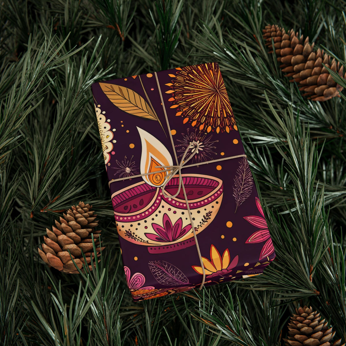 Diwali Wrapping Paper Roll - Purple Diyas & Floral Indian Gift Wrap