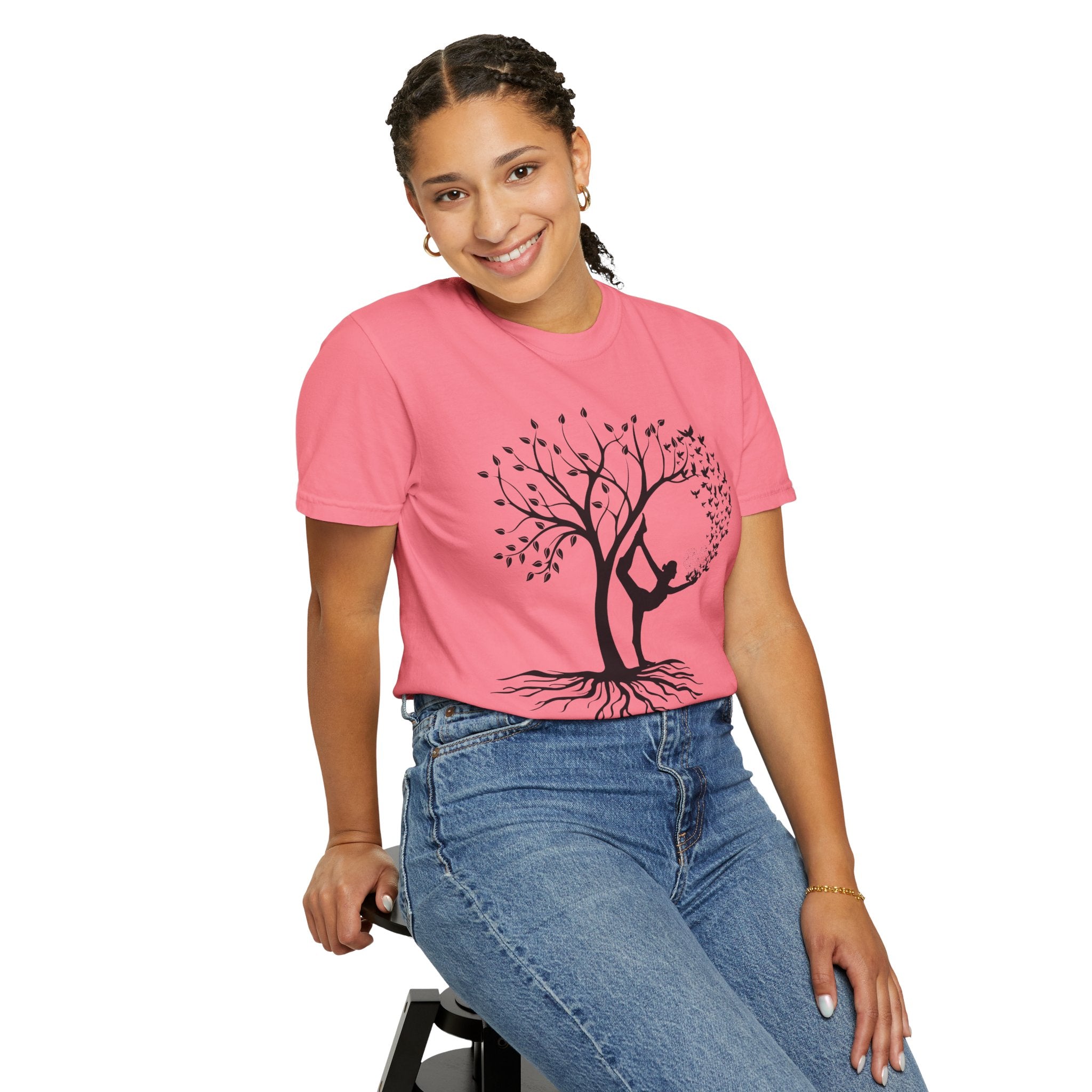 Woman Yoga Tree & Bird Meditation T-Shirt — Calming, Positive Motivational Tee