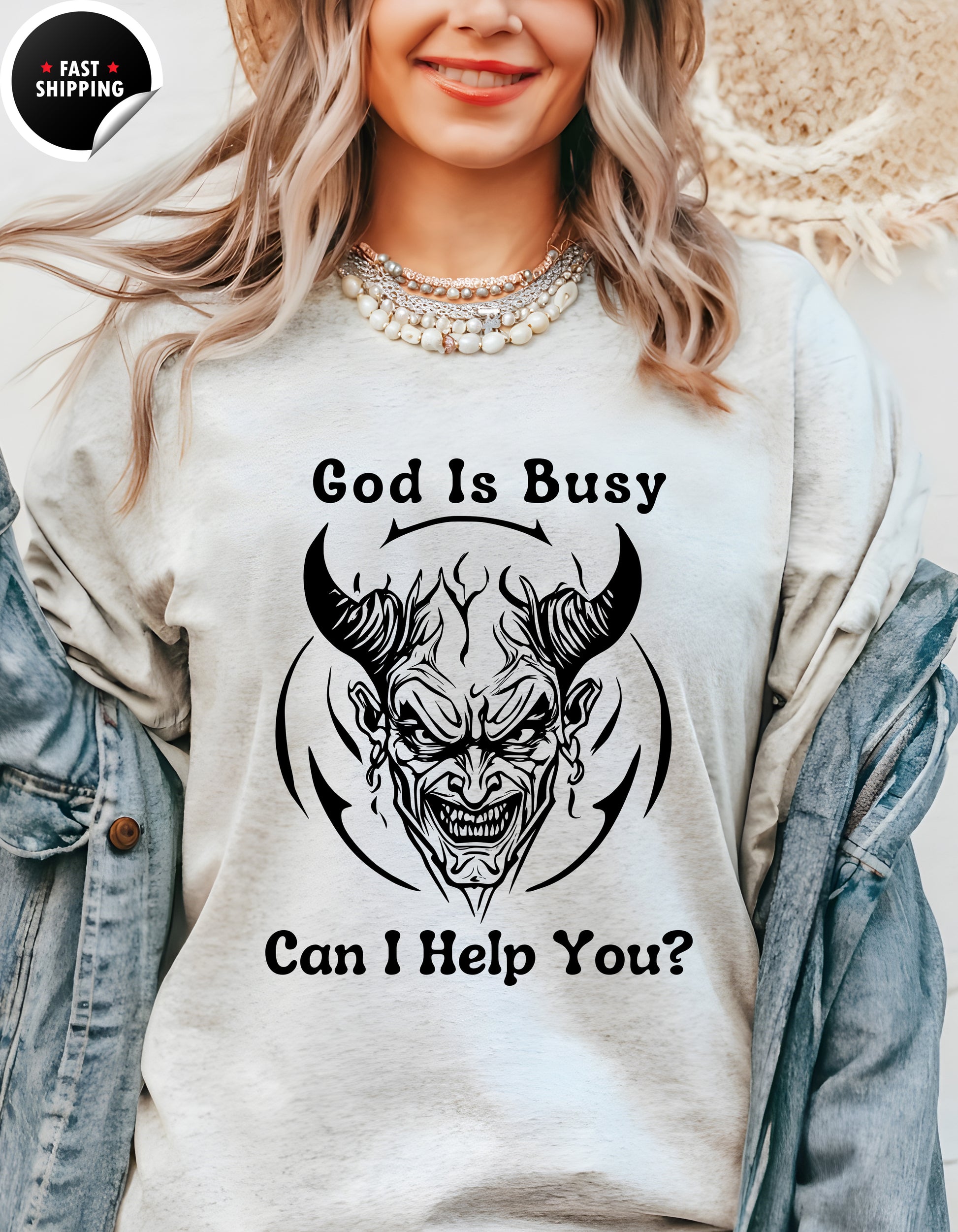 God Is Busy Dark , atheist religious T-Shirt Lifestyle Mockup | Nutty Designs