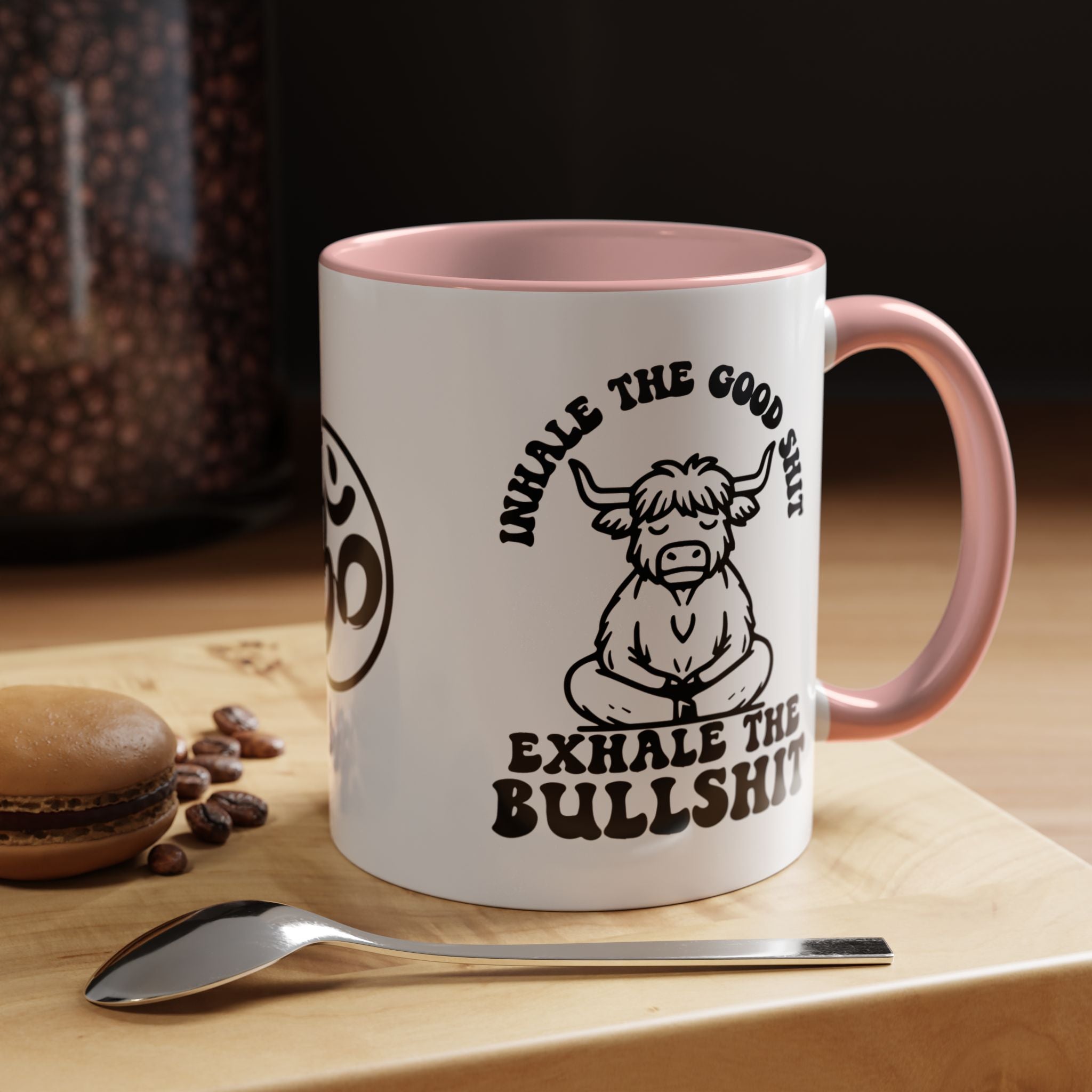 Inhale the Good Shit Exhale The Bullshit Cute Cow Chanting Om Accent Coffee Mug (11, 15oz)