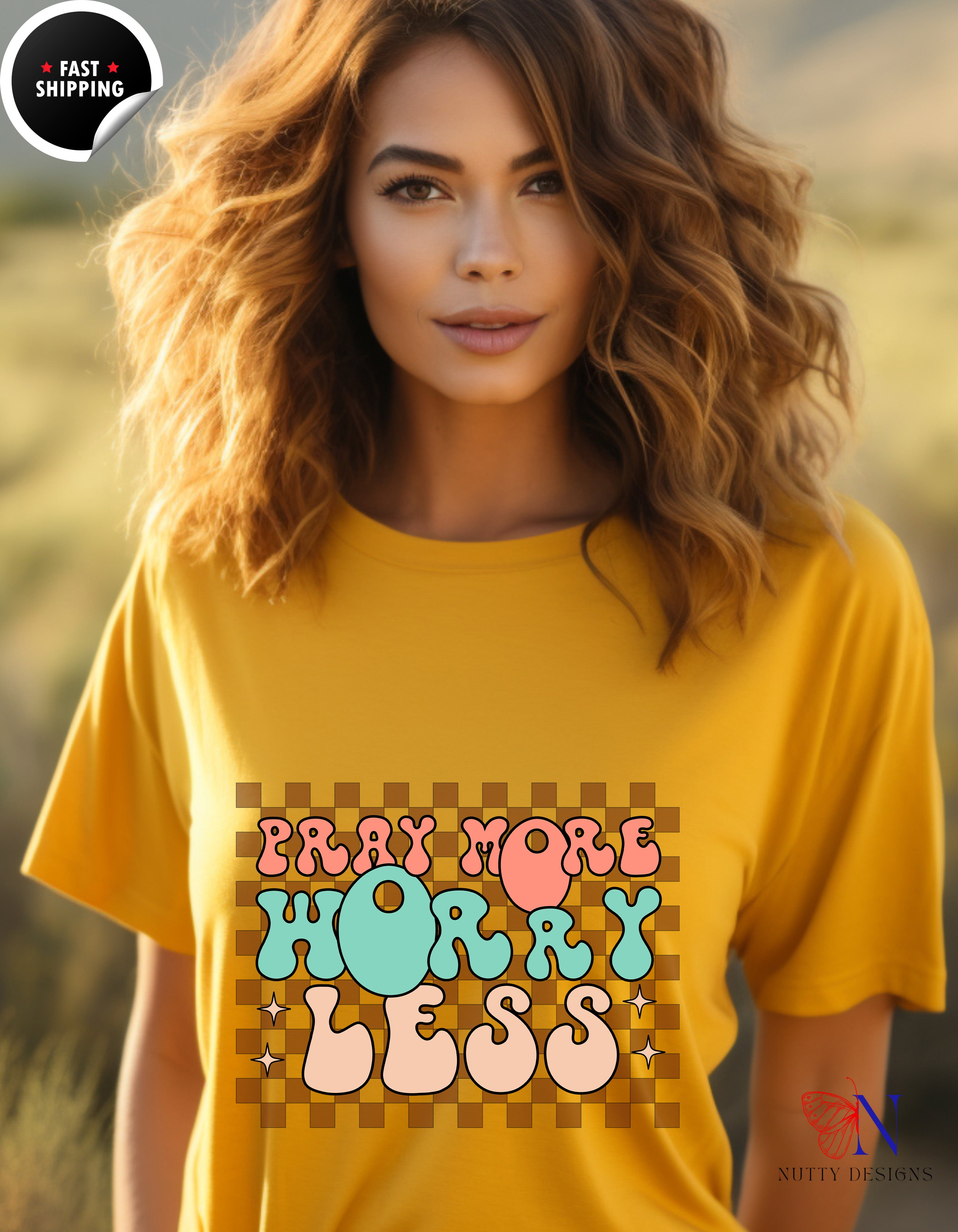 Pray More, Worry Less, Encouraging , Happy T-Shirt Lifestyle Mockup | Nutty Designs