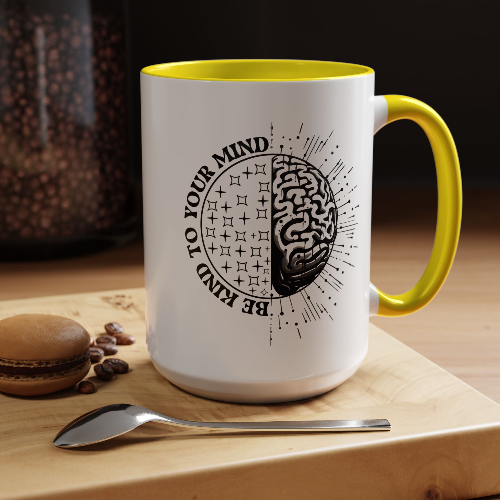 Funny Coffee Mug, Personalized Mug, Be Kind To Your Mind Accent Coffee Cup (11, 15oz), Gift Under 20, White Elephant, Mental Health Support