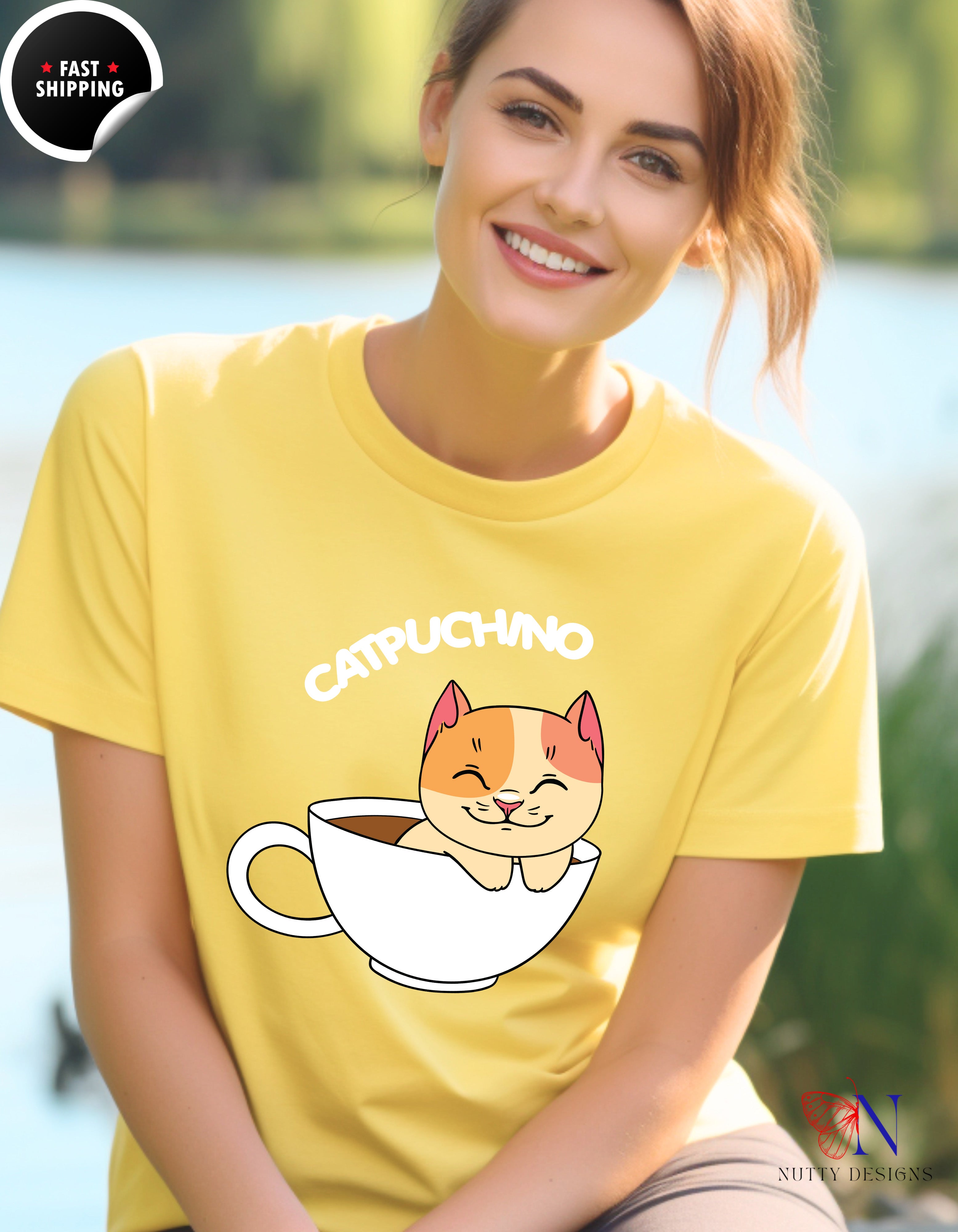 Cat Coffee Lover Shirt, Catpuchino T-Shirt Lifestyle Mockup | Nutty Designs