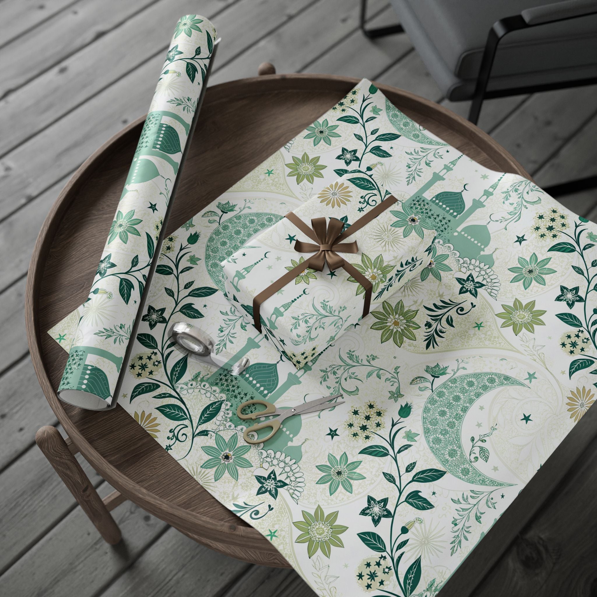 Ramadan Wrap Paper - Islamic Gift Wrap With Mosque, Moon, Stars and Flower Motifs