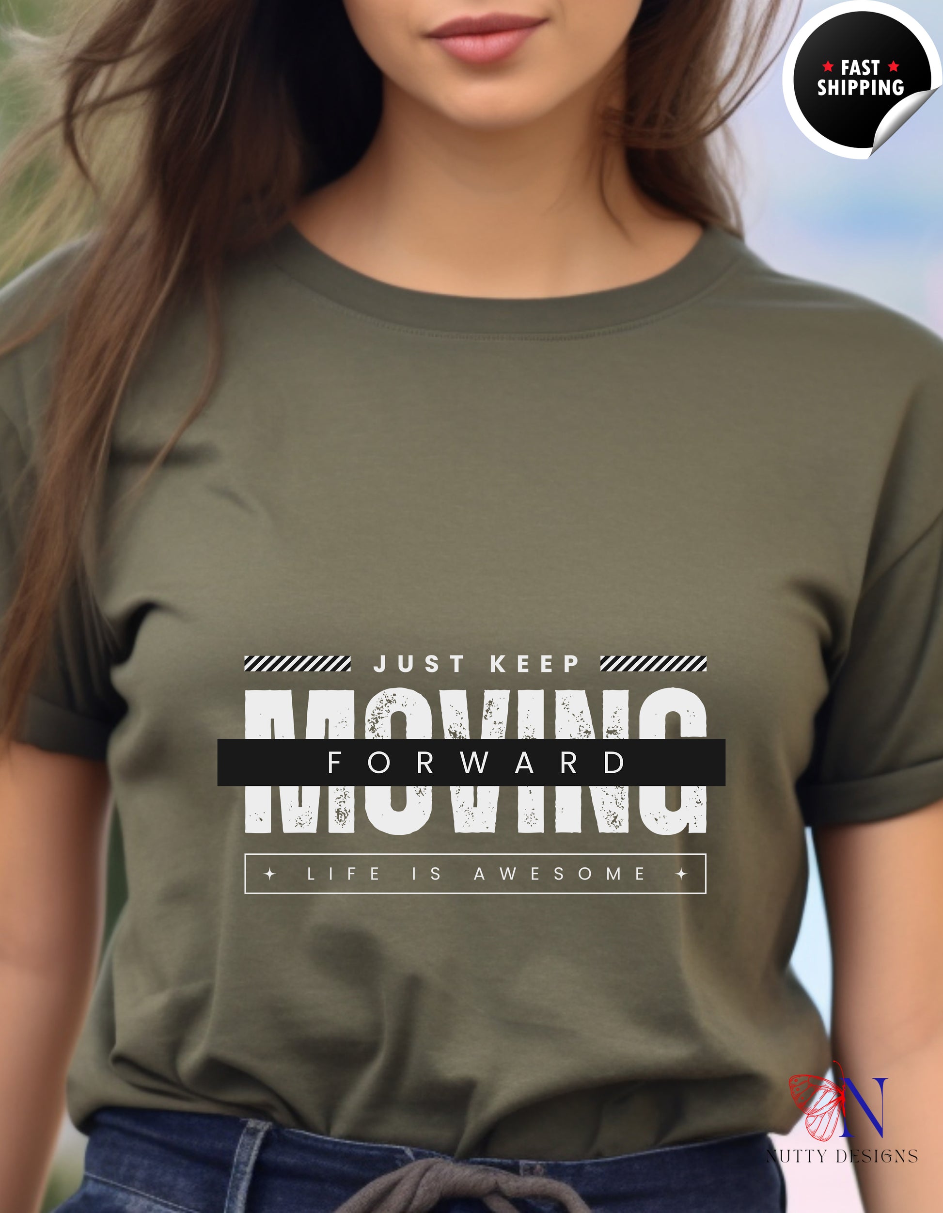 Just Keep Moving Forward Life Is Awesome T-Shirt Lifestyle Mockup | Nutty Designs