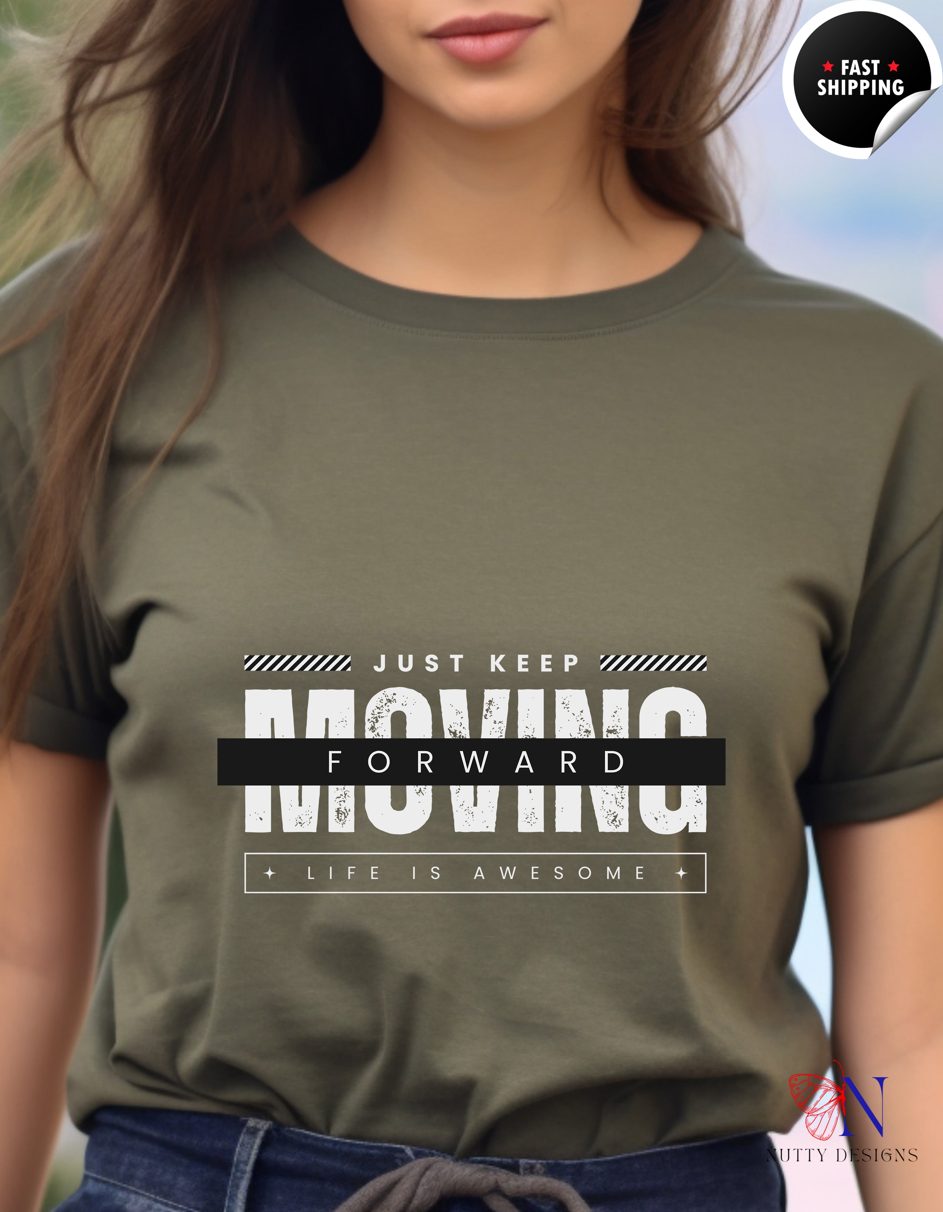 Just Keep Moving Forward Life Is Awesome T-Shirt Lifestyle Mockup | Nutty Designs