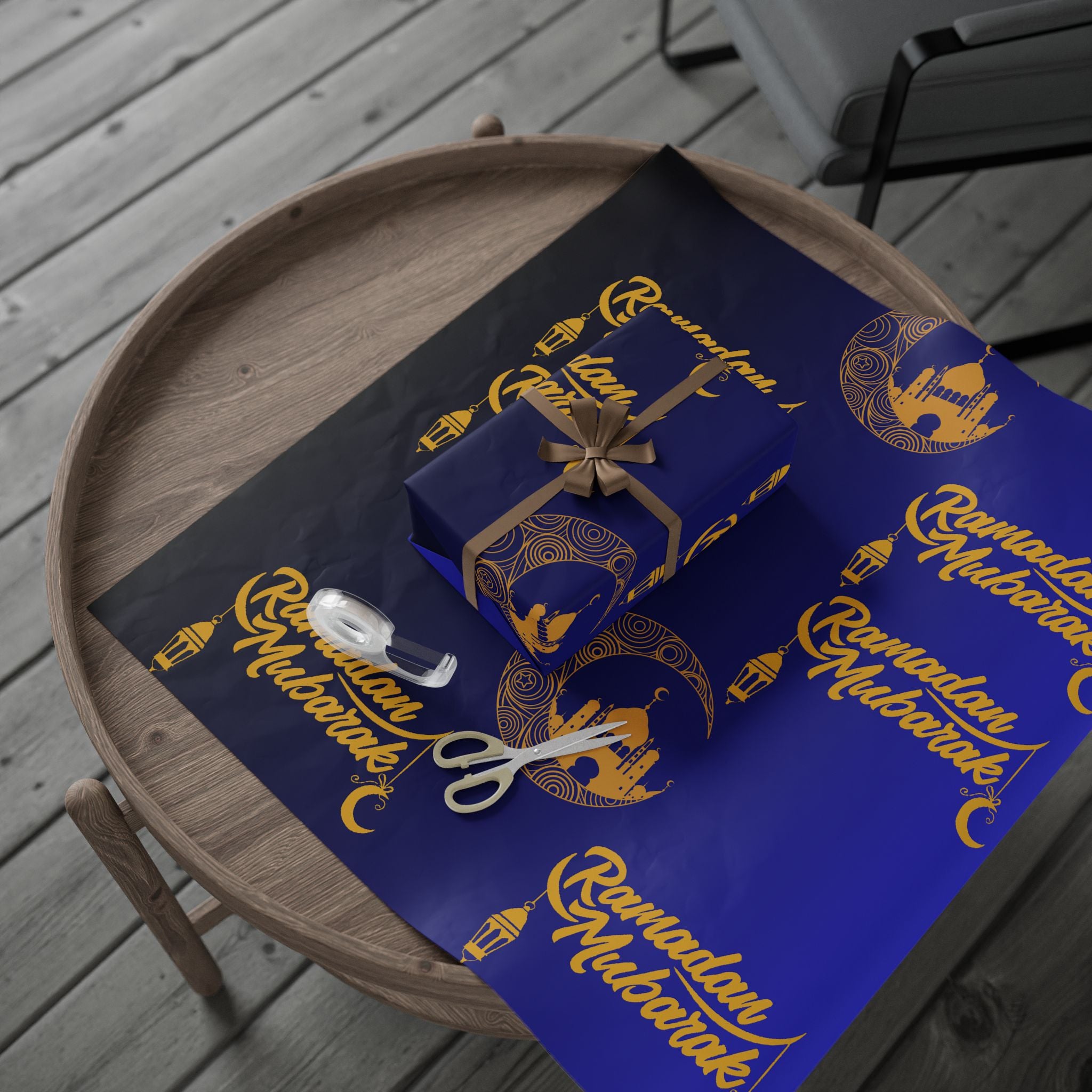 Ramadan Mubarak Wrapping Paper - Islamic Gift Wrap With Night Sky, Mosque, Golden Crescent Moon, and lanterns