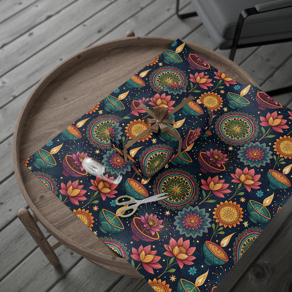 Diwali Wrapping Paper Roll - Navy Diyas, Lotus & Fireworks Indian Gift Wrap