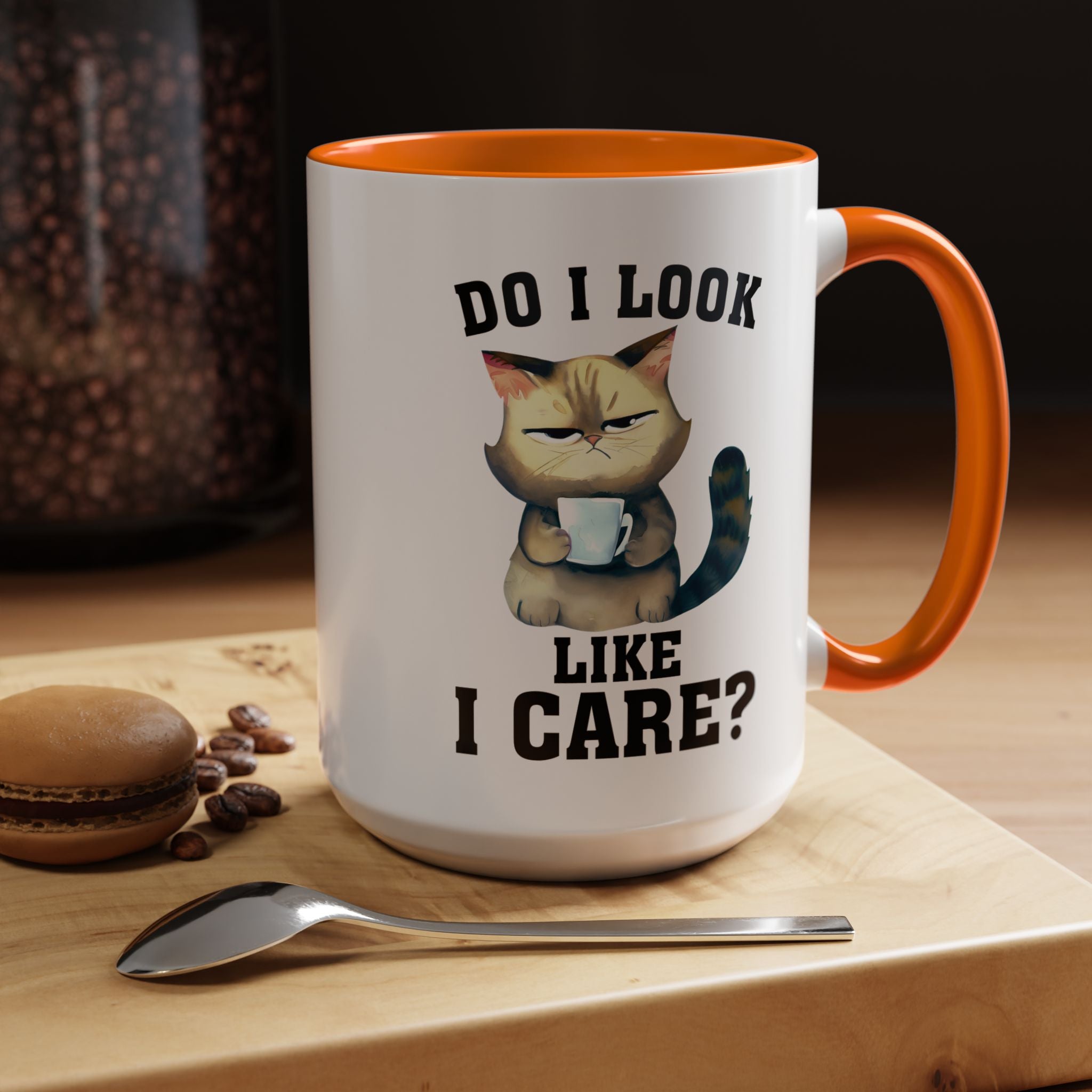 Funny Coffee Mug, Personalized Mug, Grumpy Cat DO I Look Like I Care Accent Cup (11, 15oz), Gift Under 20, White Elephant gift