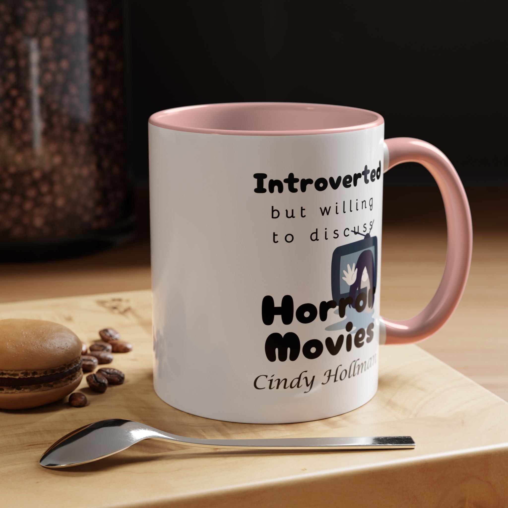 Introverted But Willing To Discuss Horror Movies Personalized Accent Coffee Mug (11 and 15oz)