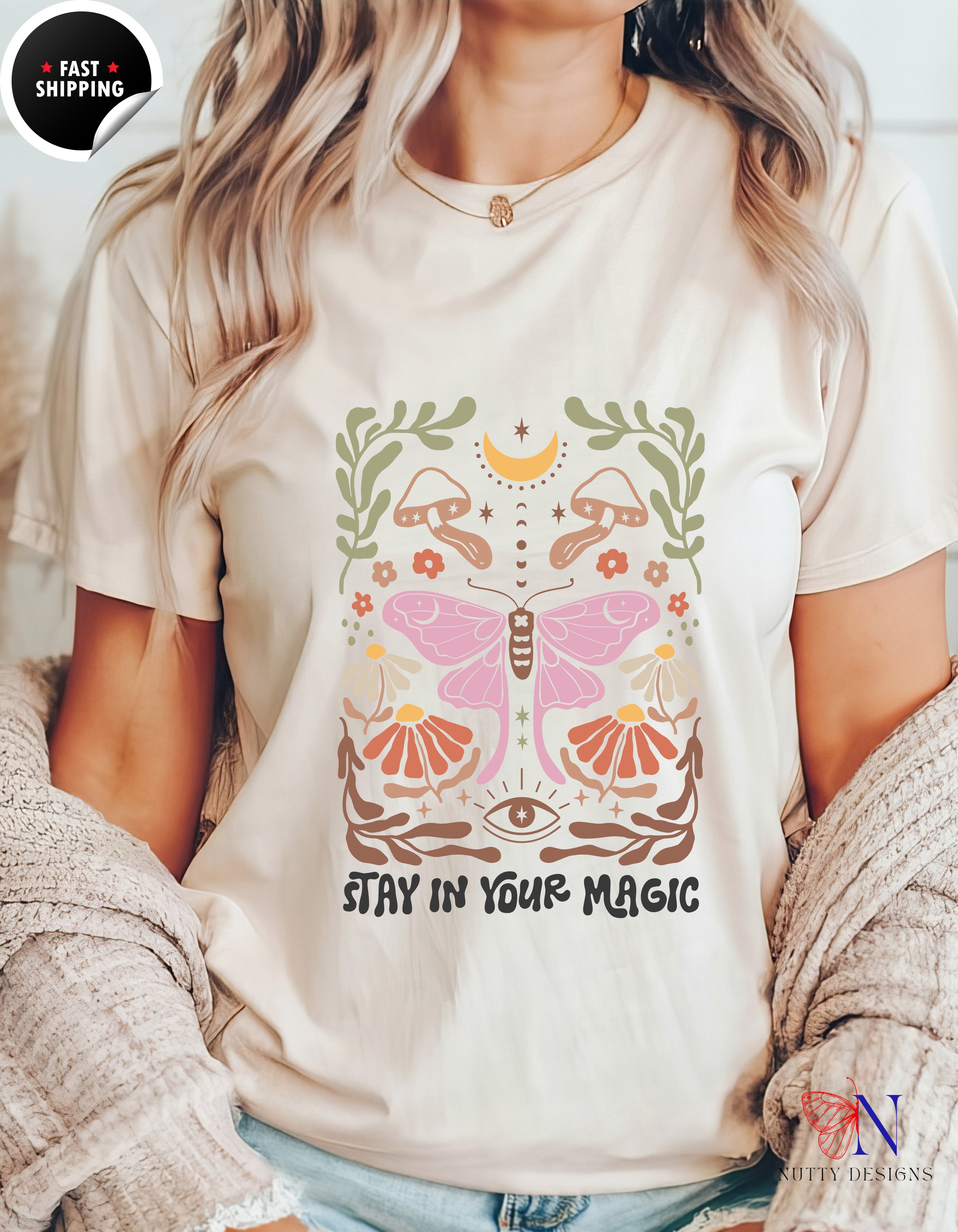 a woman wearing a t - shirt that says stay in your magic