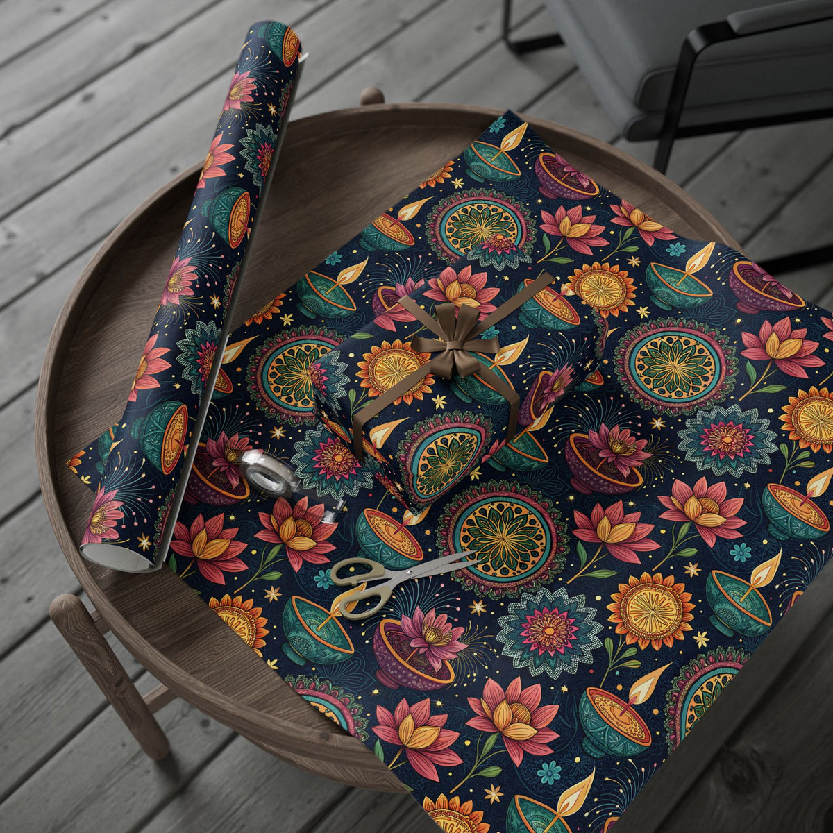 Diwali Wrapping Paper Roll - Navy Diyas, Lotus & Fireworks Indian Gift Wrap
