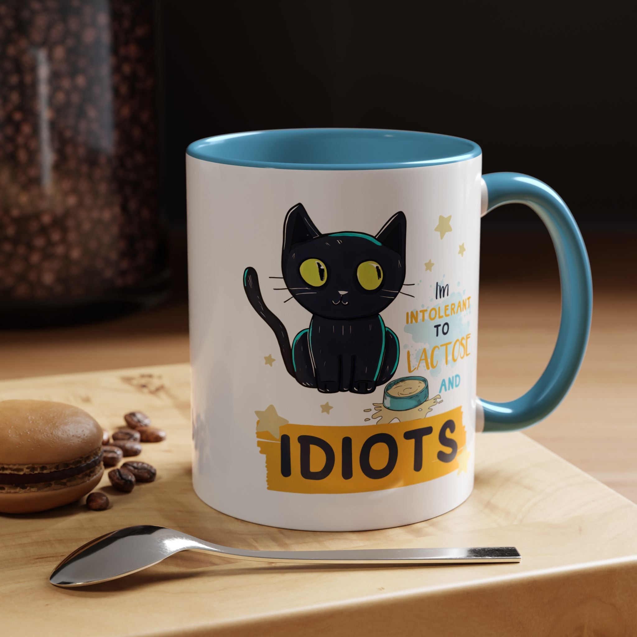 Funny Coffee Mug, Personalized Mug, Cute Cat Intolerant To Lactose and Idiots Accent Cup (11, 15oz), Gift Under 20, White Elephant gift