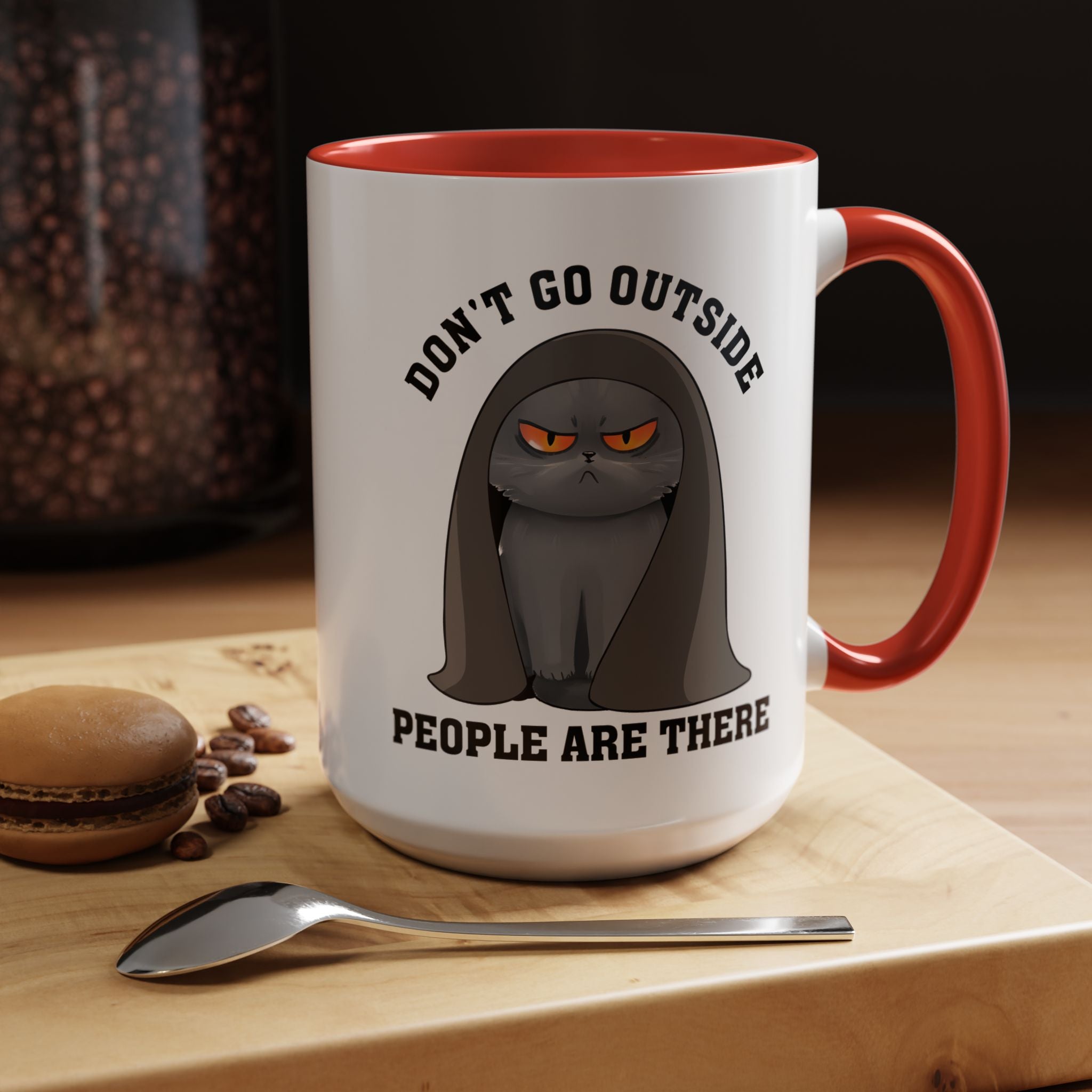 Funny Coffee Mug, Personalized Mug, Grumpy Cat Don't Go Outside People Are There Accent Cup (11, 15oz), Gift Under 20, White Elephant