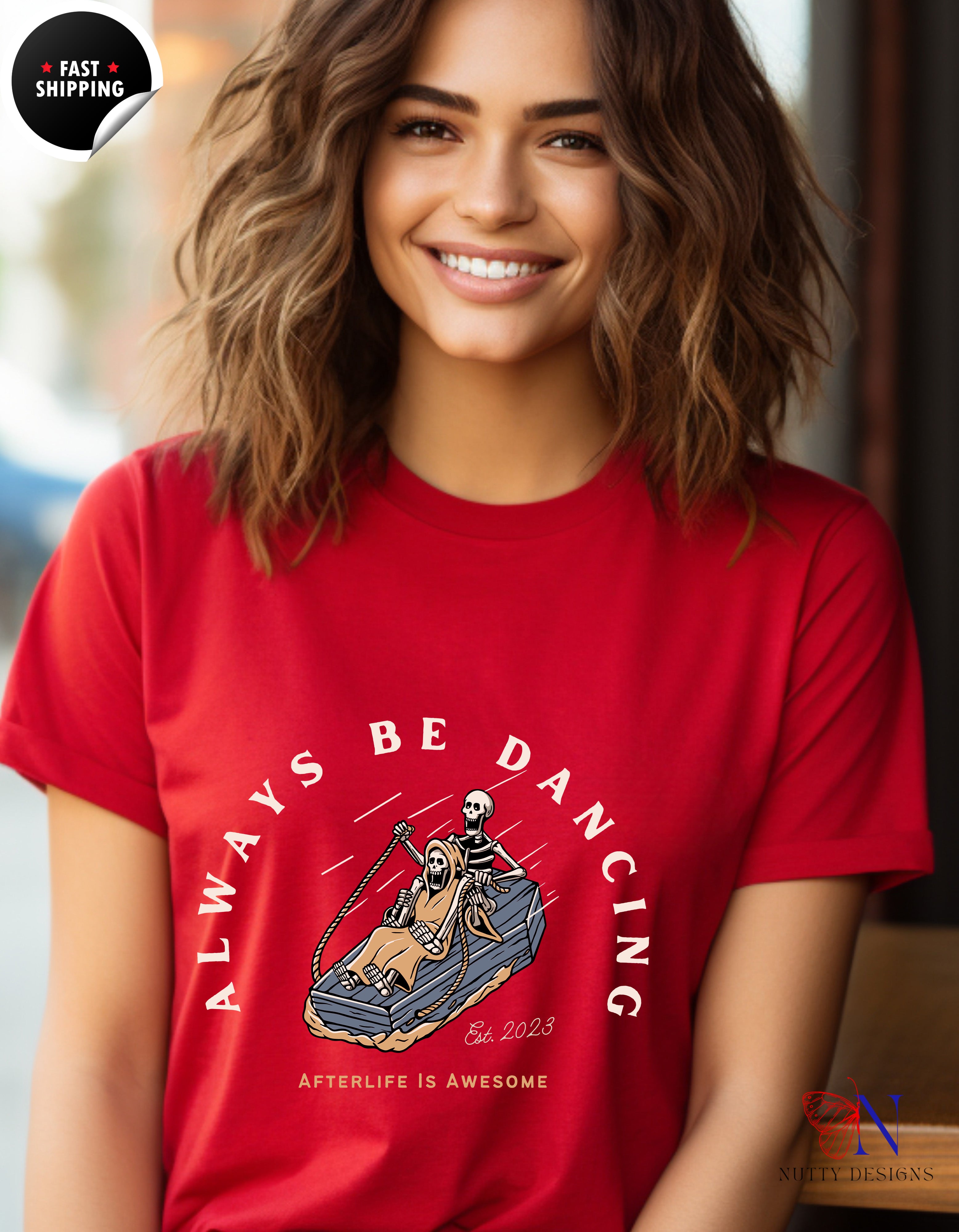 Always Be Dancing Afterlife Is Awesome Funny Skeleton Surfing in a Coffin T-shirt