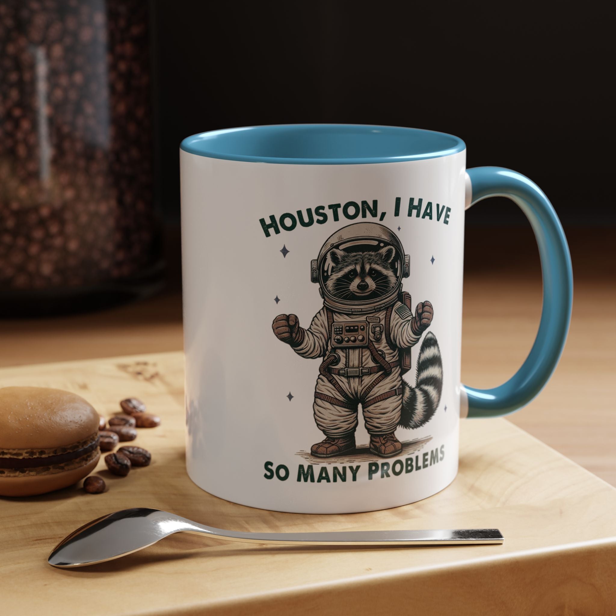 Funny Coffee Mug, Personalized Mug, Funny Racoon Houston I Have So Many Problems,  Accent Cup (11, 15oz), Gift Under 20, White Elephant gift