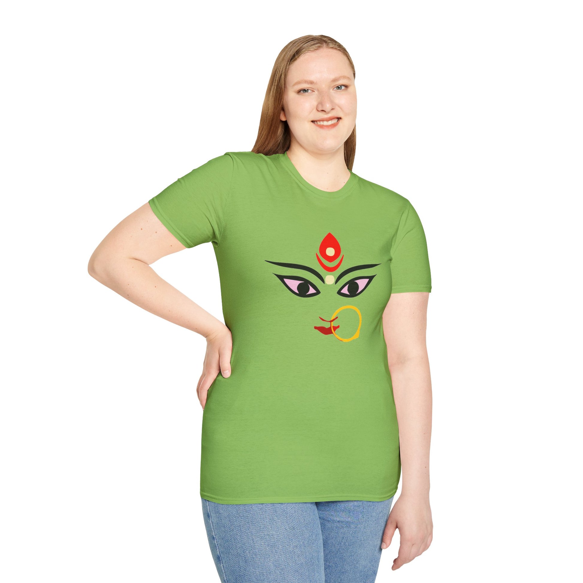 Woman wearing green T-shirt with Durga Parvati Bhavani Goddess graphic, perfect gift for Diwali, Navratri, and Durga Pooja.