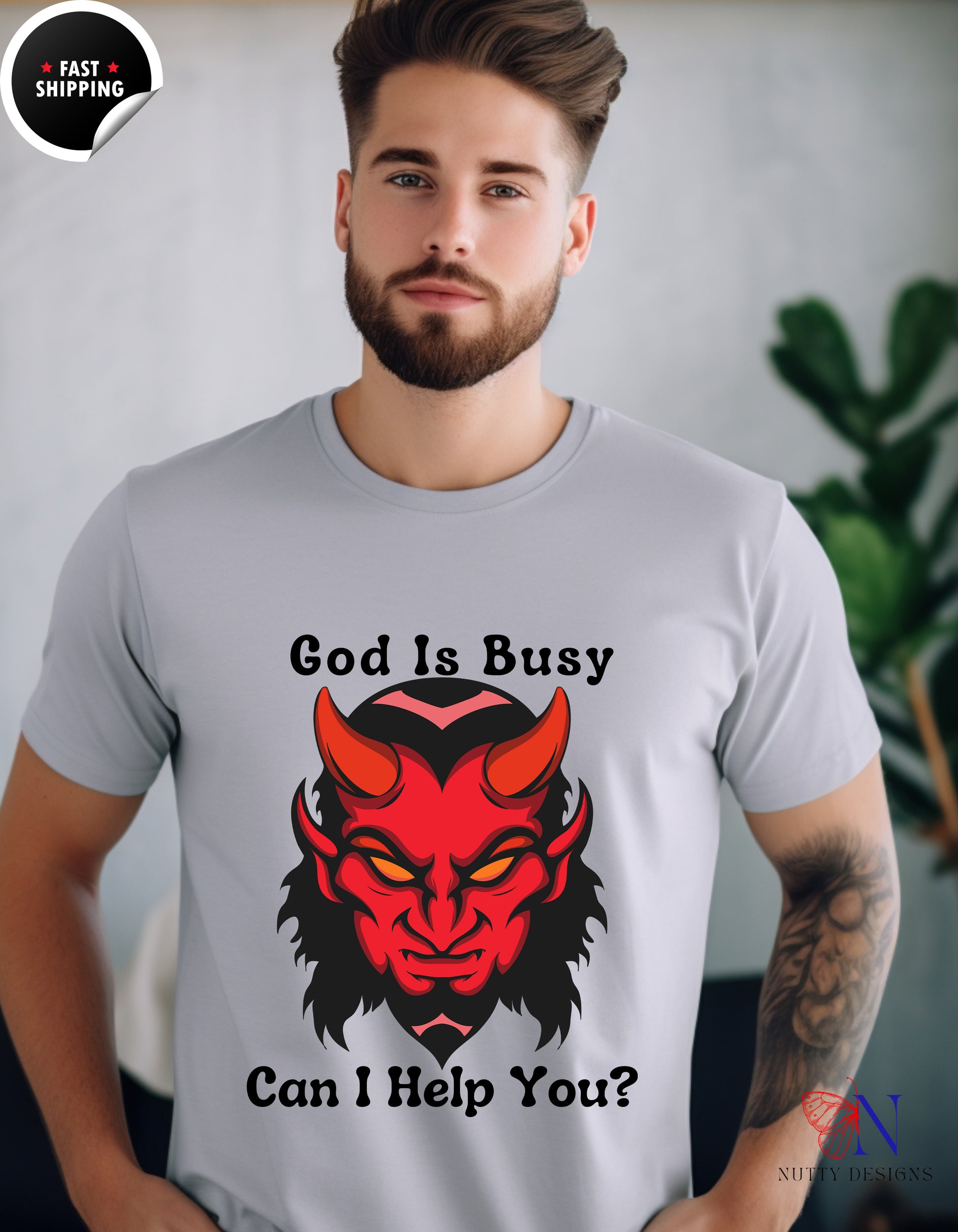 God Is Busy Dark , atheist religious T-Shirt Lifestyle Mockup | Nutty Designs