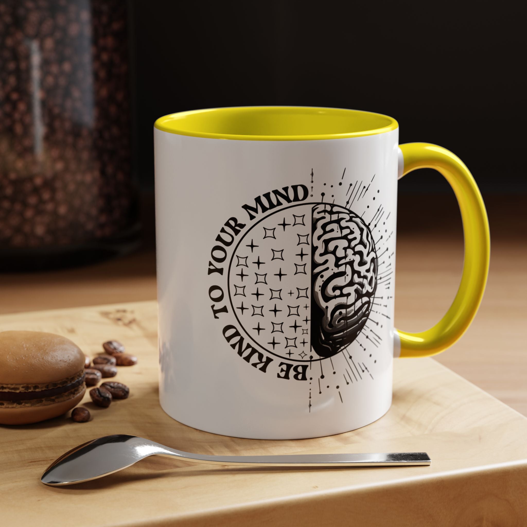 Funny Coffee Mug, Personalized Mug, Be Kind To Your Mind Accent Coffee Cup (11, 15oz), Gift Under 20, White Elephant, Mental Health Support