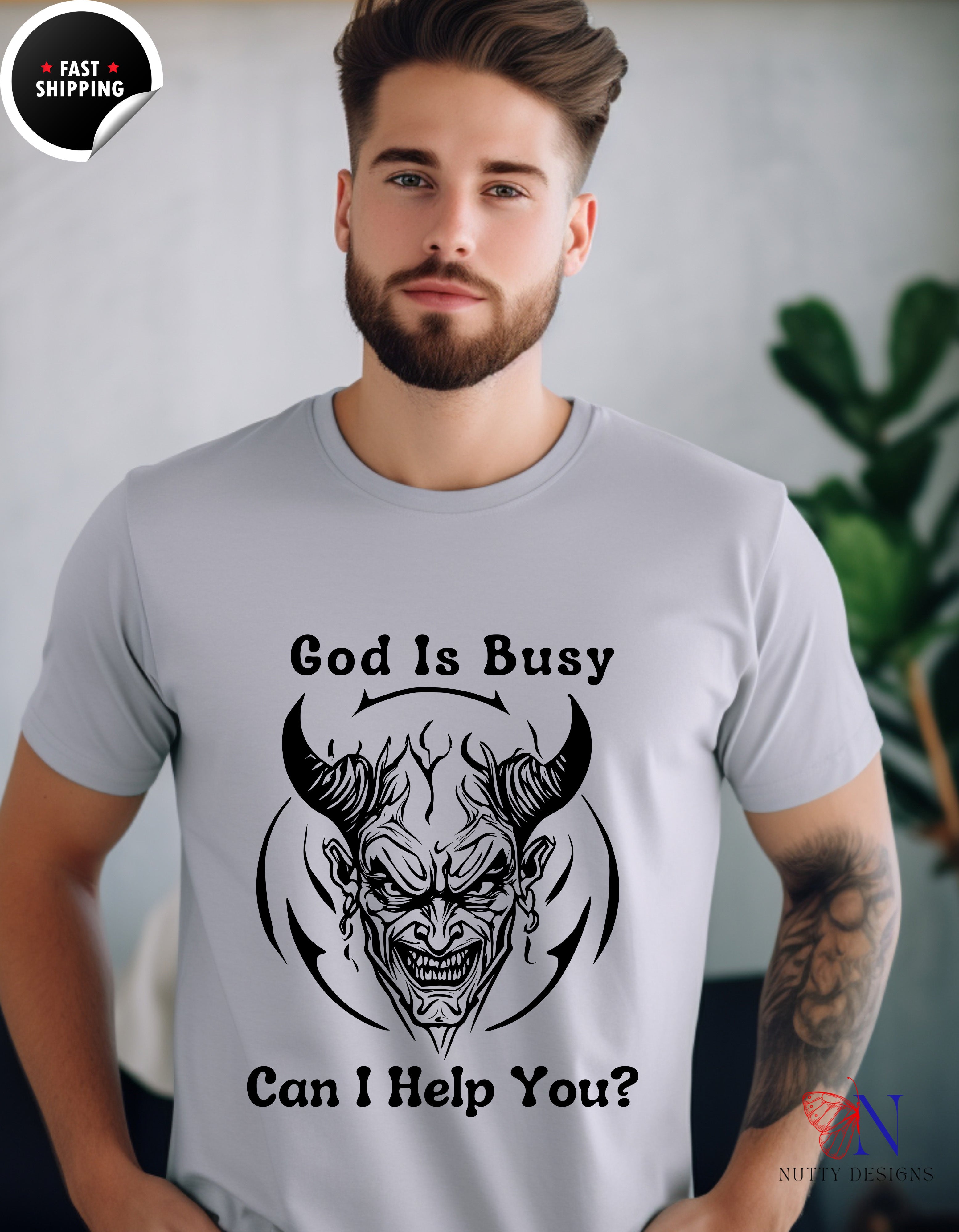 God Is Busy Dark , atheist religious T-Shirt Lifestyle Mockup | Nutty Designs